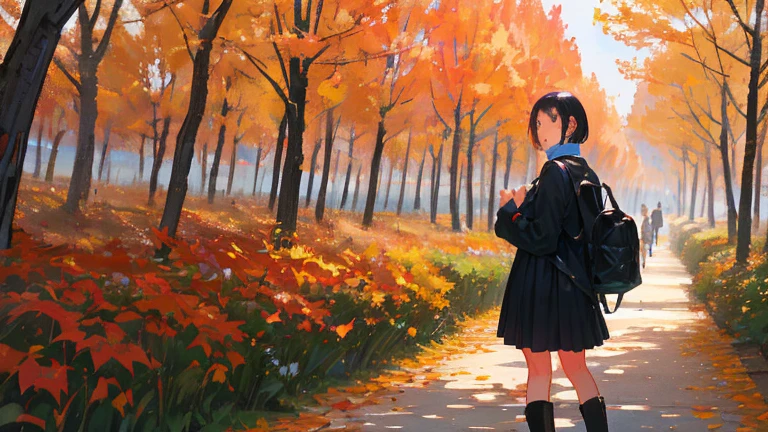 an illustration of a girl, Autumn, fruit trees, trees with red leaves, apples, pears, chestnuts, sweet potatoes, muscats, big smile, (5 yo:1.3), solo,(ultra detailed perfect piece), illustration, masterpiece, (extremely detailed CG 8k), (very fine 8K CG),