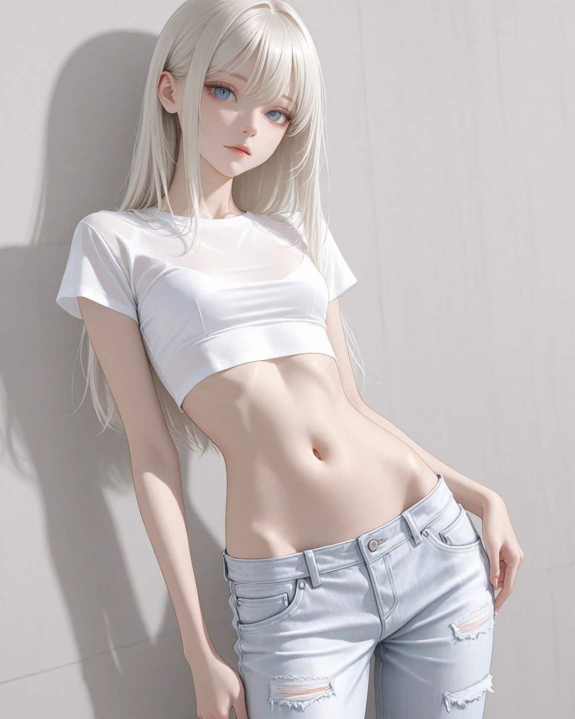 Silver-haired semi-long hair、girl with、Tank Tops、View of the lower body from the inseam、flat 、Thin pubic hair、Beautiful 