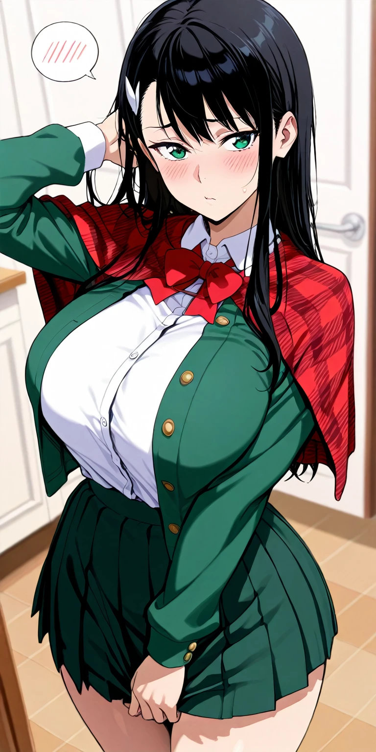 masterpiece, best quality, <break> solo, 1girl, niihashi noel, blush, embarrassed, looking at viewer, flashing, black hair, hairclip, raised eyebrow, red capelet, plaid, green jacket, open jacket, long sleeves, white shirt, collared shirt, ,  out, green skirt, pleated skirt, skirt pull, white panties, , , unaligned , indoors, wooden wall
<segment:yolo-Anzhc Face seg 640 v2 y8n.pt,0.4,0.5//cid=1>