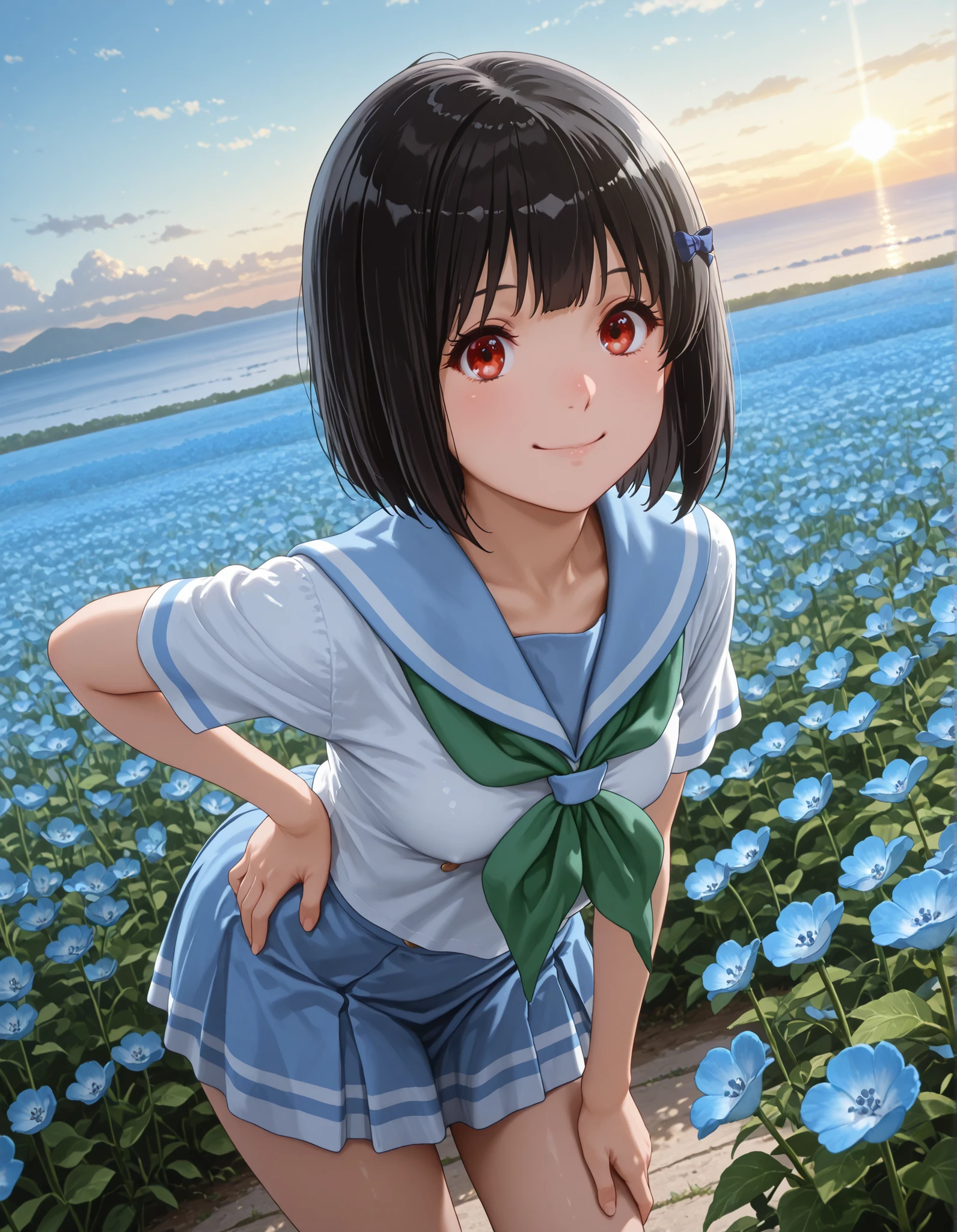 from side,masterpiece, best quality, amazing quality, detailed background, 1girl, looking at viewer, hand on own hips,((hisaishi kanade, short hair, black hair, red eyes, small  )) ,((Kitauji High School Uniform)), ((a blue skirt))、shortsleeves、The shirt、white shirt、Blue sailor color、((green Neckerchief ) ,micro mini skirt, ((thighs)), , smile, solo, dutch angle, looking at viewer, cowboy shot, Outdoors, depth of filed, Light on Face, Portrait, Sunlight, skyporn, (field of Nemophila flowers) outdoors, (Nemophila:1.2) (realistic blue flower:1.1), (blue flower field look like sea), horizon, noon, detailed background