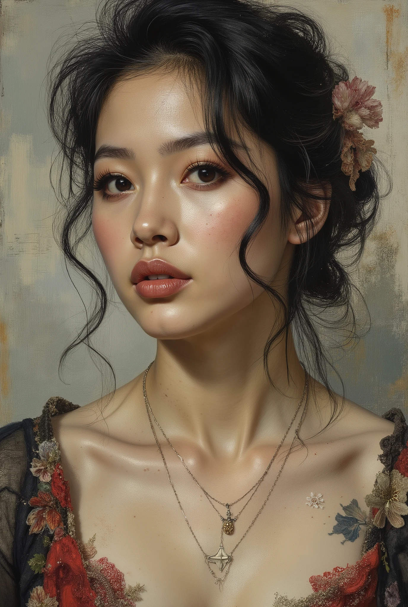 "Yoshito Gang Sei" is a stunning woman with deep cleavage, her story rooted in a tumultuous world. The hyperrealism painting captures every intricate detail of her features, from the tender curve of her lips to the delicate freckles on her skin. Vibrant colors and exquisite brushwork enhance the realism, making her appear almost lifelike. The overall quality of the image is impeccable, drawing viewers in with its compelling beauty and emotional depth.