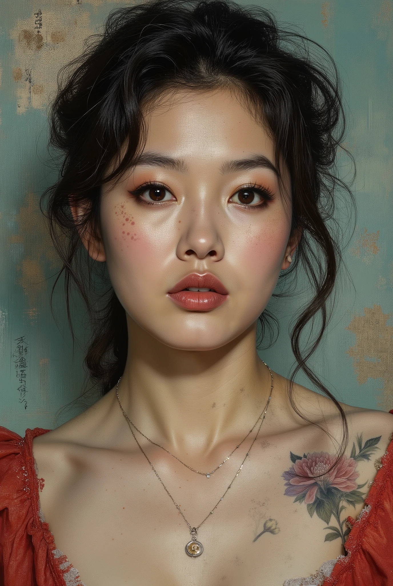 "Yoshito Gang Sei" is a stunning woman with deep cleavage, her story rooted in a tumultuous world. The hyperrealism painting captures every intricate detail of her features, from the tender curve of her lips to the delicate freckles on her skin. Vibrant colors and exquisite brushwork enhance the realism, making her appear almost lifelike. The overall quality of the image is impeccable, drawing viewers in with its compelling beauty and emotional depth.