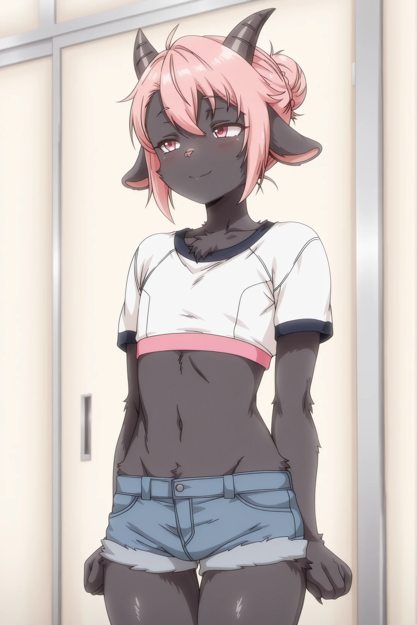 Masterpiece, rating_safety, best quality, /(1boy,cute face,Otoko no ko,furry, anthro, goat boy, curly fur, black fur, flat chest, slim body, sport wear, denim shorts, crop top, short hair, hair bun/), campus house indoor, university background