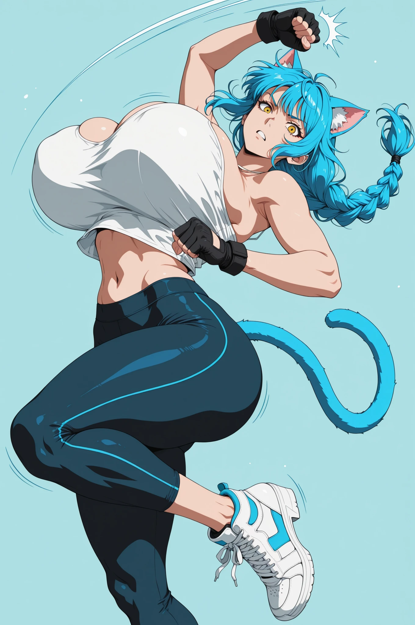 1girl, solo, sfw, (pop art style, flat color, high contrast, perspective, dynamic angle, cowboy shot, dynamic hair, from side, dutch angle, (mint-blue hair, cat_ears, cat_tail, single braid, long hair, gigantic breasts, bouncing breasts, midriff camisole, gloves, capri_yoga_pants, thick_thighs, navel), high heel sneakers, clenched_hands, motion lines, yellow_eyes, (uppercut:1.2, one arm up, one hand on waist, fighting, outstretched arm, jumping:1.2, one leg up, twisted torso), simple background, bright outlines, masterpiece, newest, best_quality, amazing_quality, ultra detailed, very aesthetic, absurdres, intricate, incoming_attack, looking at viewer,