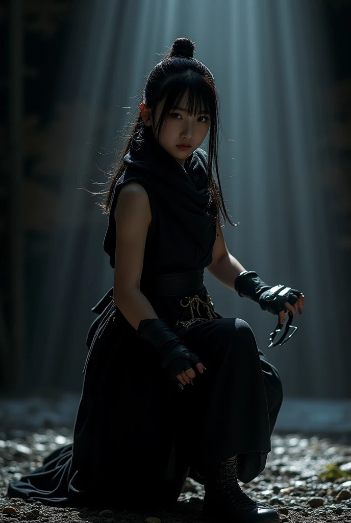 <realistic, intricate details, cinematic, 4k, uhd, ultrarealistic, photorealistic, insanedetails, masterpiece), a beautiful  man of 20 years old, with whiteband black decourated kimono without sleeves, (great decourated sword in the back), lights effects, black t shirt, black short hairs, (european caucasian race)