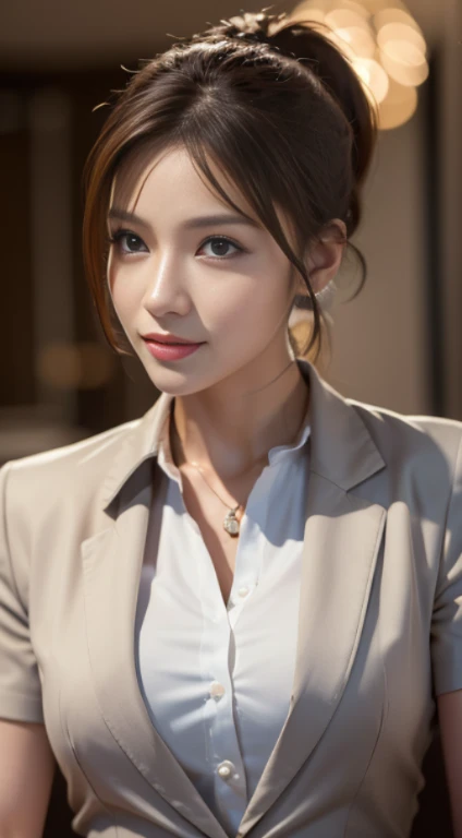 (Photoreal Stick:1.5, masutepiece:1.5, 8K), (top-quality, ​masterpiece, 超A high resolution), Perfect dynamic composition, Professional camera work:1.3, Grow Light Effect, Realistic portrait:1.3, Cinematic Light, Highly detailed skin and  texture:1.3, The ultra-detailliert, Detailed hand, A detailed eye, Extremely beautiful face:1.2, Wearing a business suit and white shirt, Twilight, night view at night, Totally captivates you, Medium chest, Close-up portrait, Model body type, Backshots