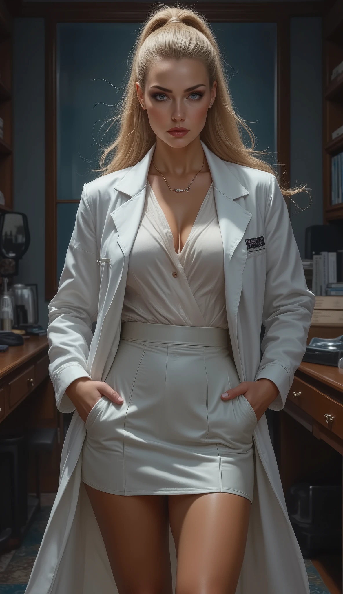 Tall, beautiful, sexy, sensual, aristocratic 55-year-old MILF doctor woman with blonde pinned-up hair, blue eyes, red full sensual lips, white skin, large breasts, broad shoulders, thin waist, long shapely legs, wearing a white tight short leather skirt, white silk blouse, short white unbuttoned doctor's coat, elegant high heels, with medical instruments in a furnished doctor's office, hands in pockets, stern look, desk and bookshelf in the background, dark night, mysterious lighting, blurred dark background