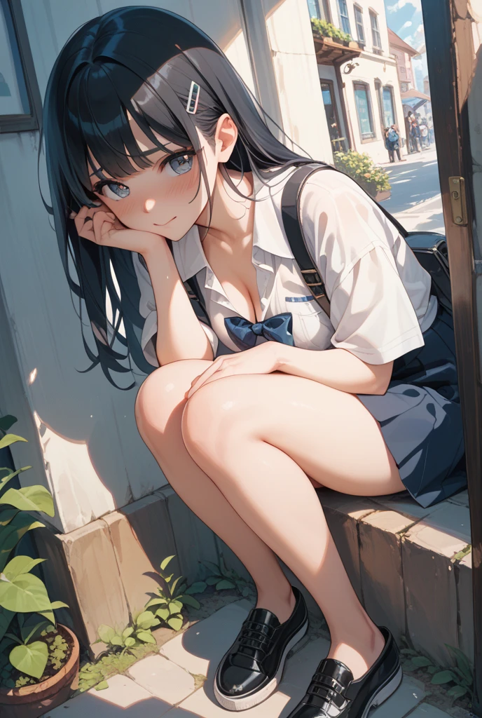 MASTERPIECE, best quality, high quality, extremely detailed, very delicate and beautiful, (1 female 18 years old solo: 1.2), (long black hair, two-side up to waist: 1.4), fringes to eyebrows, eyes. (eyes sharp, strong glossy glossy eyes, eyebrows glossy, (eye colour magenta: 1.3), 6.5 head tall, (shirt: 1.3), skirt, knee socks, lace, (melancholy expression), (hands folded), (dynamic pose), (background hydrangea garden: 1.3), (rain: 1.3).