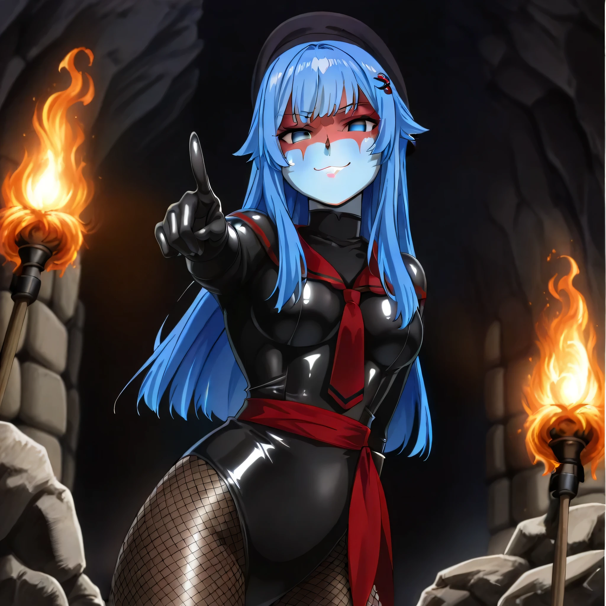 (((Masterpiece))), (((Best Quality))), ((Super Detail)), ultra-High resolution, score_9,score_8_up,score_7_up,score_6_up,score_5_up,score_4_up, BREAK, source_anime, anime screencap, uncensored, Masterpiece, (best shadow), (absurdres), (detailed background), (very aesthetic), detailed beautiful eyes, outstanding, an exquisite animation illustration, curvy, highres, shiny clothing, dark persona, empty eyes, blank eyes, shocker, black leotard, latex elbow gloves, brown fishnet pantyhose, red skin, blue skin, colored skin, red sash, makeup, (((solo, 1girl))), hair ornament, seductive pose, submissive pose, anime style, anime coloring, animification, megami magazine, sexy pose, dynamic angle, cinematic angle, dutch angle, dynamic composition, medium breast, dina yasei no last boss, blue hair, blue eyes, headwaer, beret, long hair, smile, smirk, smug, evil smile, evil grin, looking at viewer, pointing at viewer, tilt head, head tilt, standing, dungeon, cave, torch, dark theme, horror theme, night, night scene, delicate features, soft lighting, warm lighting, blood splatter, gore, rock, (((pointing, finger up))), closed mouth