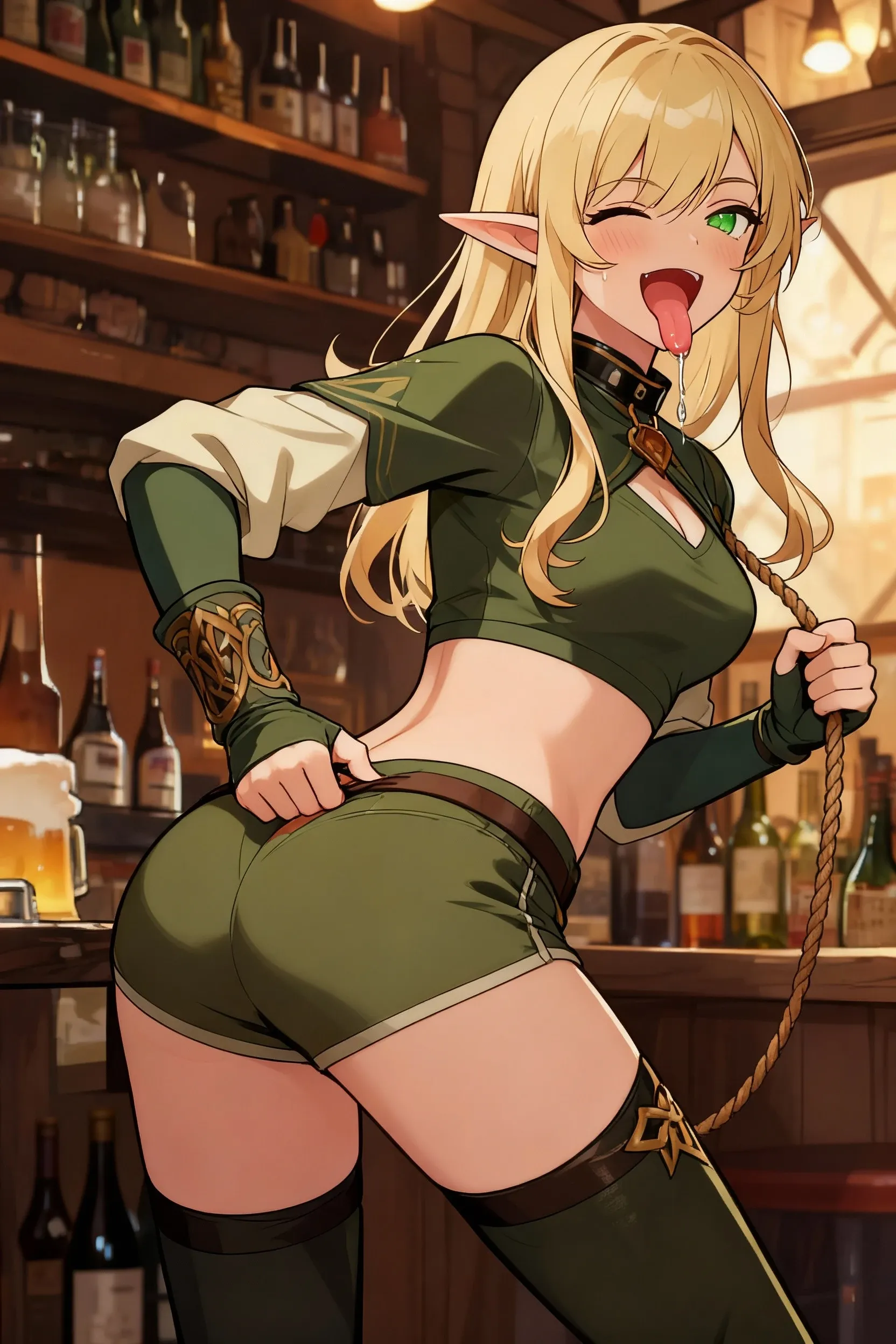 1girl, cowboy shot, solo, smile, low angle, laughing, indoors, night time, evil smile, visible breath,  <lora:Queen_Sonia_-_IL:0.8> Sonia_TOTK, Dark-skinned female, long blonde hair, tattoo, bare shoulders, pointy ears, green eyes, leather dominatrix outfit, bodysuit, black leggings, corset, knee boots, whip, looking at viewer, stomping, holding whip, masterpiece, best quality, good quality, newest