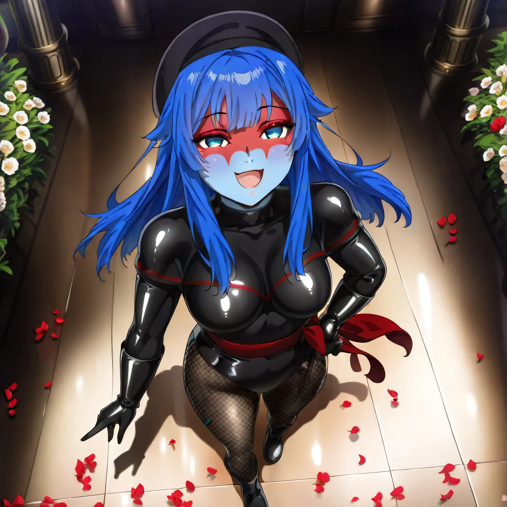 (((Masterpiece))), (((Best Quality))), ((Super Detail)), ultra-High resolution, score_9,score_8_up,score_7_up,score_6_up,score_5_up,score_4_up, BREAK, source_anime, anime screencap, uncensored, Masterpiece, (best shadow), (absurdres), (detailed background), (very aesthetic), detailed beautiful eyes, outstanding, an exquisite animation illustration, curvy, highres, shiny clothing, dark persona, empty eyes, blank eyes, shocker, black leotard, latex elbow gloves, brown fishnet pantyhose, red skin, blue skin, colored skin, red sash, makeup, (((solo, 1girl))), hair ornament, seductive pose, submissive pose, anime style, anime coloring, animification, megami magazine, sexy pose, dynamic angle, cinematic angle, dutch angle, dynamic composition, medium breast, dina yasei no last boss, blue hair, blue eyes, headwaer, beret, long hair, smile, happy, open mouth, cute smile, cute, cute pose, walking, looking from above, view from above, from above, hand on hip, floating hair, wind, windy, royal, palace interior, indoor, elegant pose, calm expression, delicate features, soft lighting, warm lighting, dark theme, horror theme, flower, flower petals, petals, garden, full body