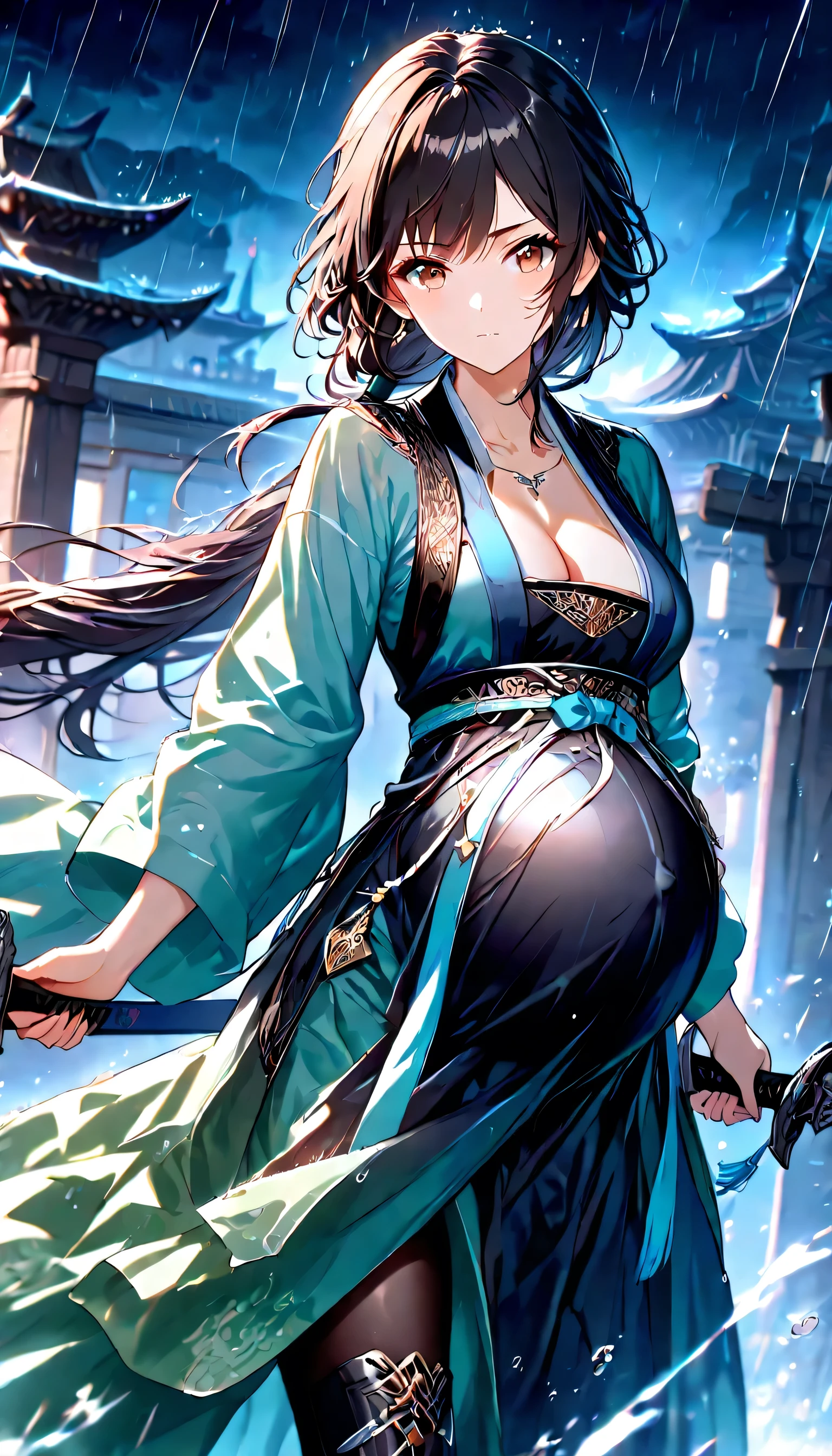 High Resolution, Best Quality, Super Detailed, Masterpiece, 4K, fortress gate, night, raining, 1girl, black hair, long hair, long ponytail, low ponytail, unadorned hair, brown eyes, medium breasts, pregnant, adult body, transparent blue hanfu, black vest, transparent green sarong, black leggings, stitched cloth boots, looking at viewer, focused expression, two swords, holding swords, wet clothes, cleavage, close up