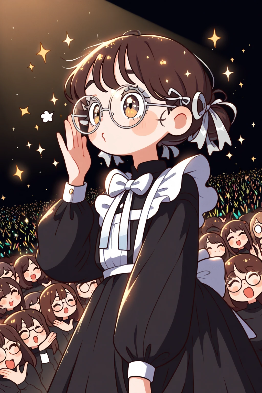 score_9, score_8_superior, One girl, Hina Araki, Under-rim round glasses, Juru, Brown eyes, Brown Hair, Medium Hair, bedhead hair, Ahoge, Messy Hair, Big Hair, Medium chest and beard, Mouth half open, superiorから, Place your hand on your chest , face to tipafter that, Looking into the distance, Contrasting, Dynamic pose, Cinema Lighting, , Deep multi-colored sweater, Heart Cutout Amber Pleated Check_Skirt Ankle socks Light bulb_after that_shoes, Daytime , Blood Moon Altar