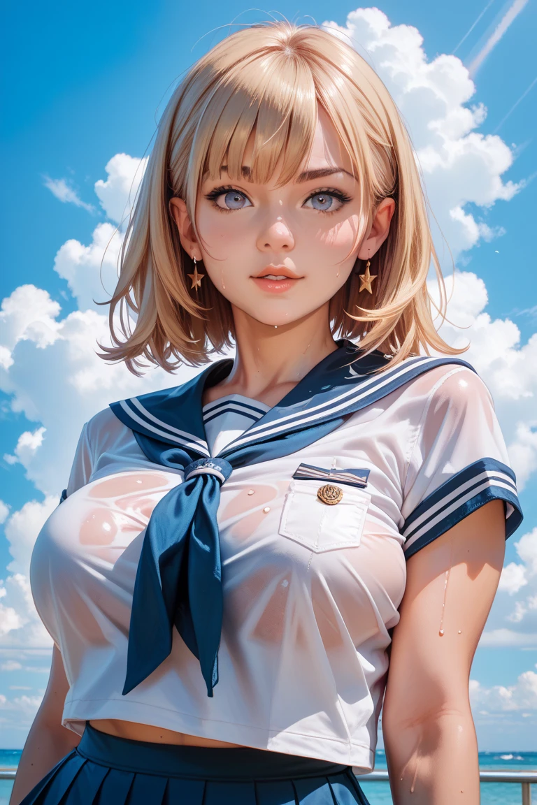 absurdres, (masterpiece, best quality), (ultra-detailed), extremely detailed, super high resolution, (Top Quality photorealistic Illustration), (Super Definition), (best quality,masterpiece:1.0),(cute illustration:1.3), (high Saturation:1.2), highres, ultra-detailed, 32k,8k resolution, intricate details, cinematic scene, detailed background, detailed background,(masutepiece:1.2), (Best Quality:1.2), hyper detailed illustration, beautiful artwork，(Extreme detail CG Unity)， (8K Wallpaper)、(exquisite lighting and shadow)、(highly dramatic picture)、(cinematic lens effects),strong light coming in， 
BREAK
(dynamic angle:1.6), (close to viewer:1.6),from below, depth background, in the sandy beach, ocean, splashing, blue sky, windy, rim light, sunlight, beautiful lighting, strong light, widely,
(girly standing:1.3), ((looking up at viewer)), ((looking up)),  
BREAK
 1 girl, (aaerika:1.8),cute girl, (round face:1.6), (baby face:1.6), (kawaii:1.6), (cute:1.6), ( face:1.6), (round eyes), (ultra-detailed brilliant big eyes), (large pupil), ((shiny skin)), ((pale skin)), (shy), (blush), smile, BREAK baby pink eyes, long hair, twintails, hair ribbon, , neck ribbon, collared shirt, 
BREAK
(:1.6), (show off :1.8), (exposing  breasts:1.8), ( chest:1.8), (:1.3),medium breasts, (small :1.2), (small :1.2),,(very extremely small ),( line), Big smile