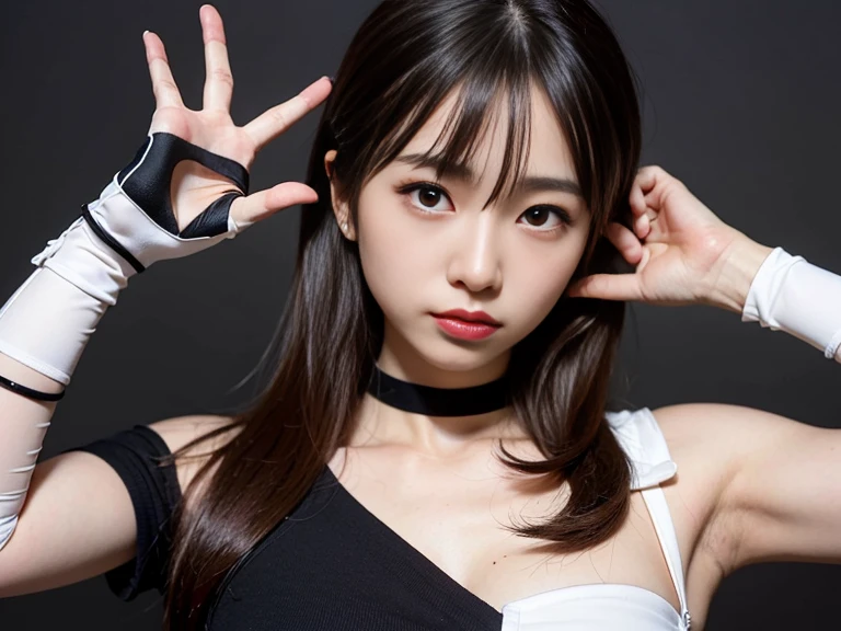 （8K、Raw photography、Highest quality、masterpiece：1.2),(Black Hair、Dark Eyes:1.9),(:1.6)、View your viewers,Front view,White skin,(:1.3)、(Tight waist:1.6)、(Clothes that accentuate the shape of the breasts:1.0)、(Big Breasts :1.3)、Slim figure、Ultra-high resolution,beautiful,beautiful fece,(One person、No background:1.9),whole bodyボディー,Japanese women,（reality的：1.37）、Photon Mapping,reality、(Baby-faced and cute: 1.4)、(Cute Smile: ound face: adio City、Physically Based Rendering、Depth of field rally background、photograph, (I can see your knees、Thigh close-up:1.8),（:1.6）,whole body、Great quality