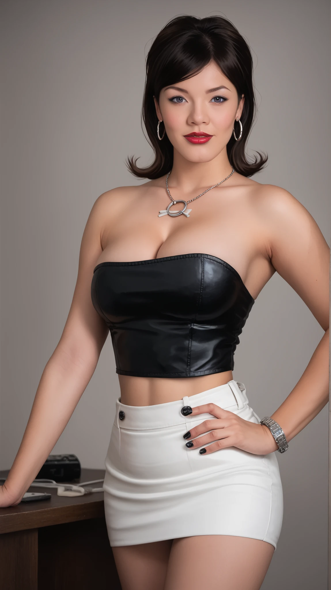   a photo Hyper-Realistic Ultra HD, The image showcases an incredibly realistic 4K photorealistic resolution, highlighting her captivating presence and a mesmerizing physique. leaving you entranced by the seamless fusion of artistry and supreme realism. looking straight into the frame, looking at viewer,sharp focus; frame, sharp focus ;eerily realistic, visual realism (Every imperfection and detail of her skin is captured -+ details Ultra hd. a professional movie photograph of, best quality, high quality, facing forward,  Beautiful little red lips, 
Define each part of her body imperfections.
The image showcases an incredibly realistic 4K photorealistic resolution, highlighting,Lana, 1girl, solo, brown hair, motherly milf body,cleavage, navel,thick red  lips, hand on hip, medium breasts, cowboy shot, high arched eyebrows, seductive expression, exposed cleavage, seductive pose, busty hourglass figure, big hips, large waist fit, seductive face, backlight on hair, cowboy shot, looking at viewer, (pale green skin:1.2), Frankenstein neck bolts, stitches, frankenstein costume, mini skirt,