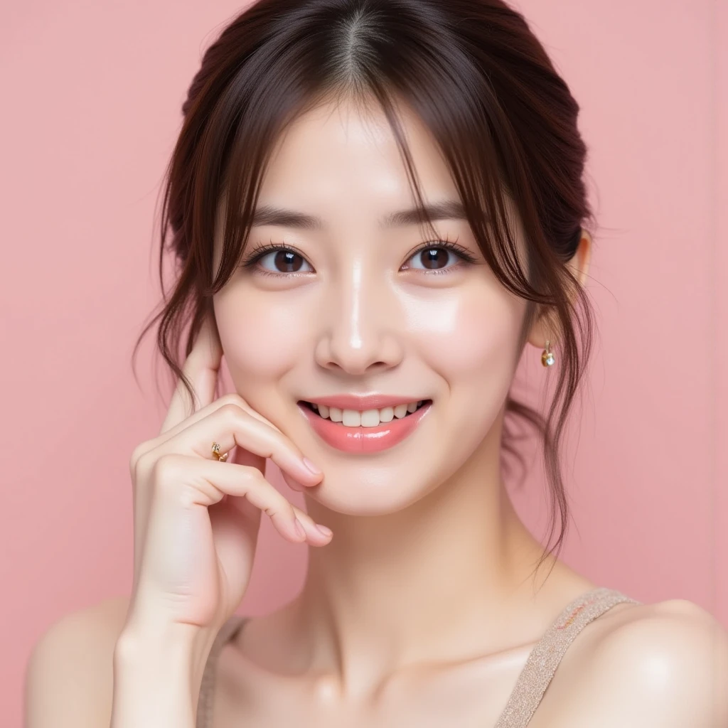 (Highest quality、Tabletop、8K、Best image quality)、1 female、(Close-up of face:1.4)、(Beautiful high-end :1.1)、(:1.2)、( body:1.2)、Biggest Smile、Smiling with beautiful teeth、(Leaning against a pure white wall:1.5)、Ultra HD glowing bright skin、Glossy, moist skin、Ultra-high definition sparkling eyes、Natural Makeup、Perfect 、Blurred Background
