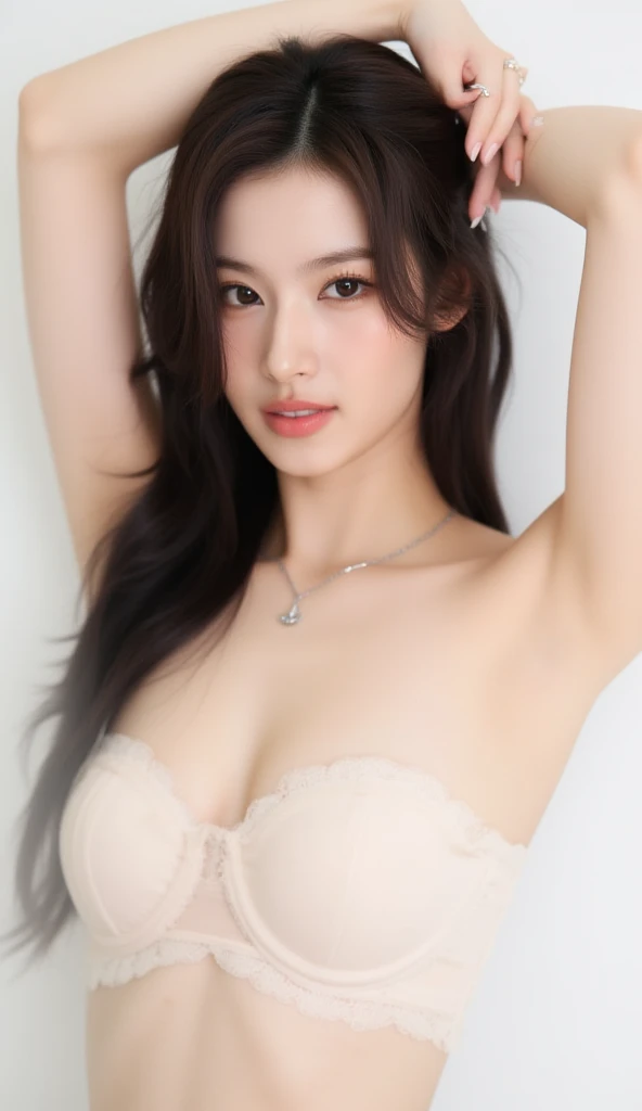 nikon RAW photo,8 k,Fujifilm XT3,masterpiece, best quality, 1girl,solo,realistic, photorealistic,ultra detailed, diamond stud earrings, long straight black hair, hazel eyes, ???? expression, slender figure, wearing a micro skirt allowing to see a ????????, standing against a wall in a south korean school, D cup, visible thigh gap,