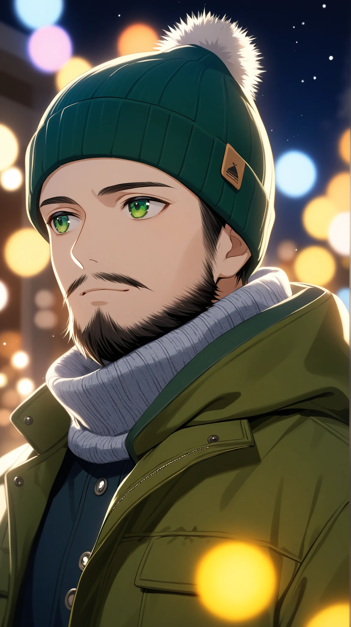 one 26 years old man, beanie, chin beard, green eyes, looking away, upper body, vivid color, winter clothes, Christmas illumination, high quality
