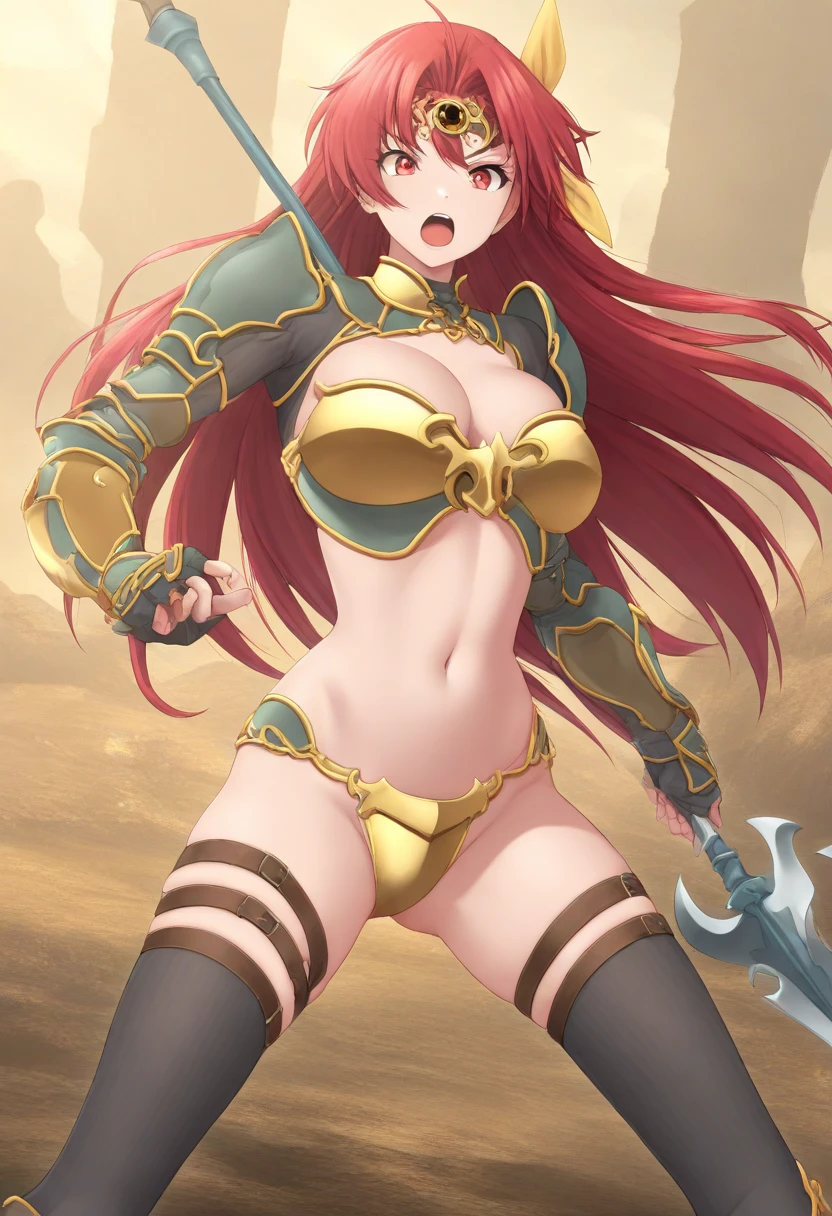 (( girl ,gyaru)),stand,gladiator armor,red hair tied back,sex,nsfw,ahegao