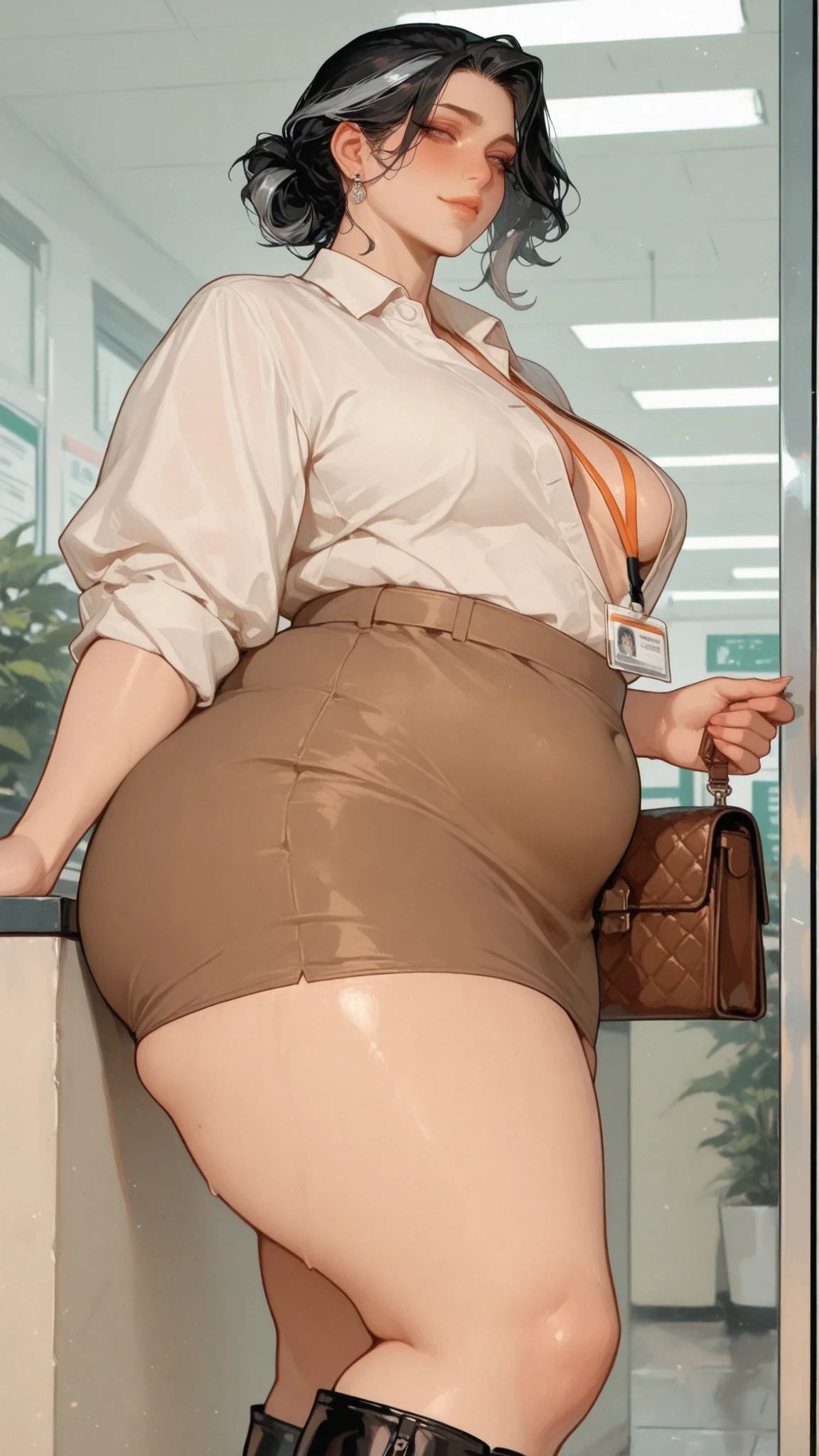 (flat:1.5),(cafe, window, sunlight, table, chair, sedentary:1.5) (big belly, , thick thighs:0.7), (warm light source:1.2), intricate details, volumetric lighting, Realism BREAK(masterpiece:1.2), (top quality), 4K, ultra detail, (Dynamic configuration:1.4), Very detailed and colorful details,(rainbow colors:1.2), (shining lights, atmospheric lighting), dreamy, magical, (alone:1.2), intricate details, cheeky expression, (normal size ), (greenish Hazel eyes), (wistful eyes, dark atmosphere:1.5), (green hair:1.5), (shirt, Small and tight shorts:1.5), feeling , (chubby, round belly), (beautiful eyes, flushing:1.5),(h????????????????????????????????????????????????????????????????????????????????????????????????????????????????????????????, shorts unbuttoned 