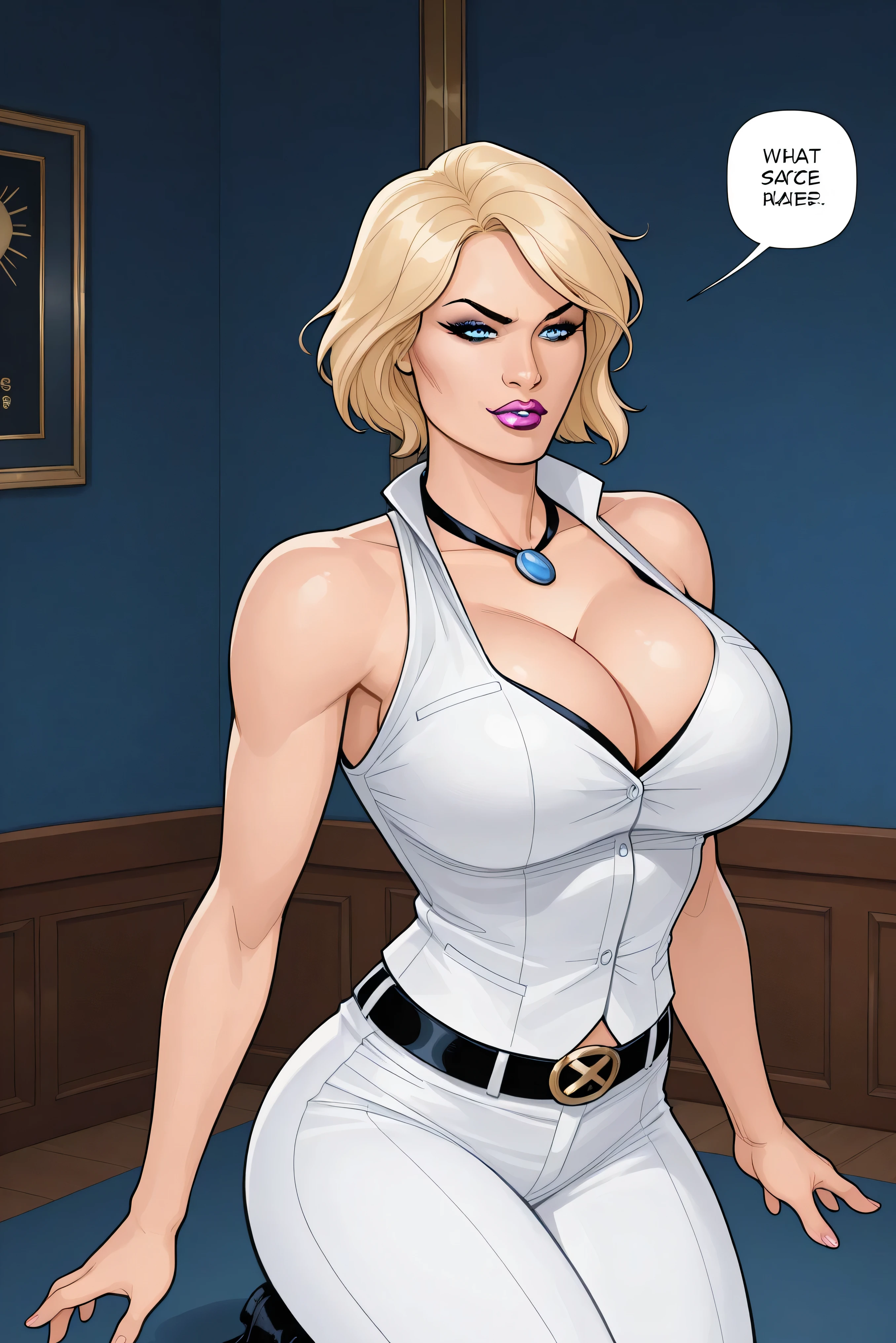grrvgurls, 1girl, solo, EmmaFrostMarvelNow, 1girl, huge breasts, blue eyes, blonde hair, pink lipstick, short hair, bob cut, makeup, lips, cowboy shot, perfect thighs, perfect face, full perfect lips, western comics (style),"0" :"score_9 , score_8_up , full lips, perfect thighs, white pants, white sleeveless button down vest top, halter neck style, cleavage, bare shoulders, bare arms, silky slightly wavy hair, kneeling, submissive expression, perfect face, half closed eyes, facing viewer, slightly curvy body, indoors background, hands at sides,