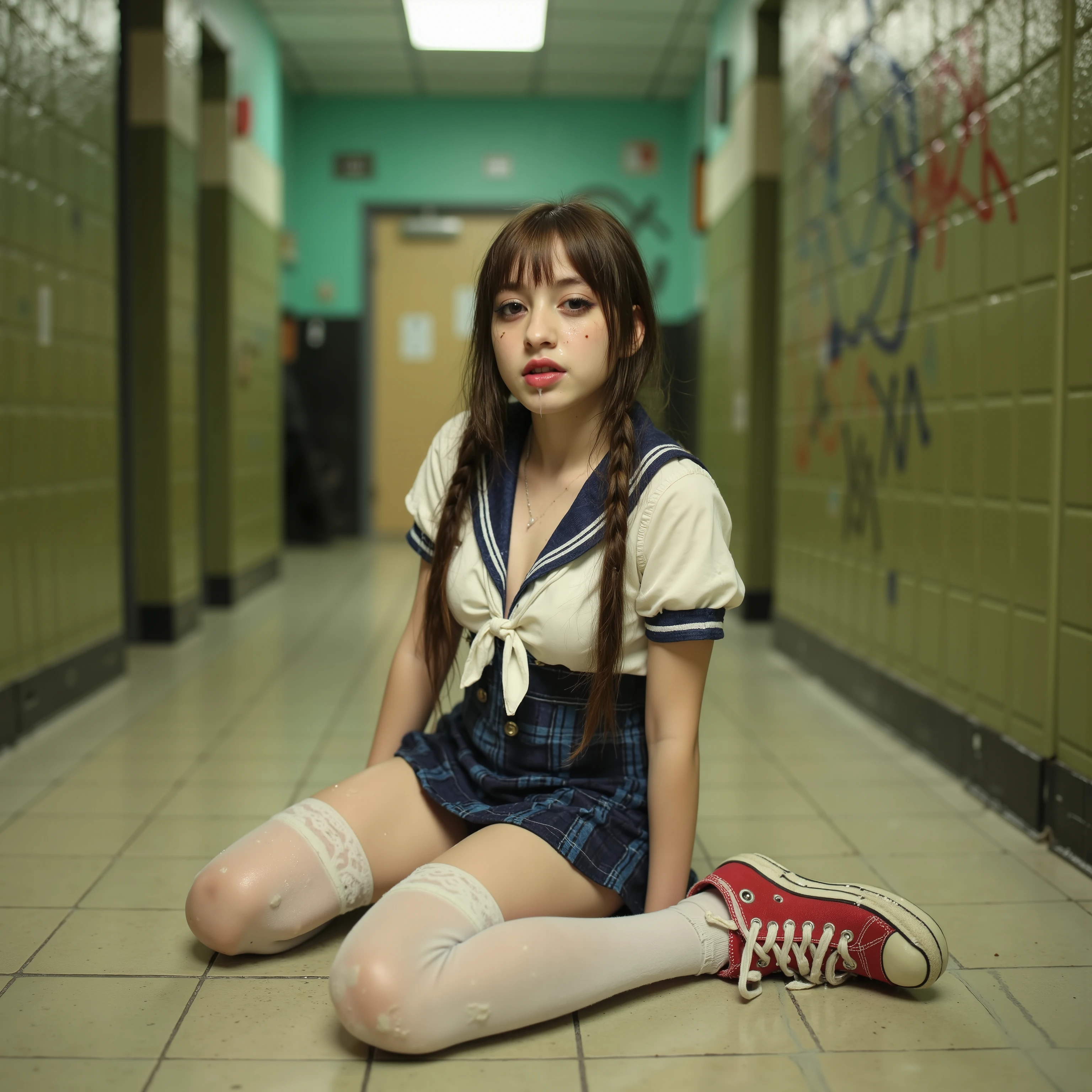 from Directly above,cutest Russian girl ever:1.2, on her knees, detailed face, beautiful eyes, detailed lips, long eyelashes, looking up at the viewer, revealing, cleavage, (((19 years old wearing (dainty lace white ribbons tied on her braids top and bottom), head to shoes in picture))), hot girl, fit, petite frame with thigh gap and medium perky breasts, supermodel, braided brown hair in pigtails, freshman in high school, in school uniform, in a plaid miniskirt, white thigh-high tights, blouse unbuttoned and tied up revealing generous cleavage, red chuck taylors, whole body image, 4K, very real photo, candid, about to give him a very sloppy blowjob-her first one ever-while in a school bathroom, realistic, photorealistic, 8k, best quality, masterpiece, ultra-detailed, vivid colors, studio lighting, physically-based rendering, fellatio, sensual, erotic, adult, mature themes, arousing, suggestive, provocative, (bathroom, well-lit, floor of tiny tiles, green bathroom stalls, graffiti, doorway, sinks:1.3), naive, summer, embarrassing:1.2, nervously eager:1.1, expecting to be caught at any moment, lips wet, semen on face and lips.