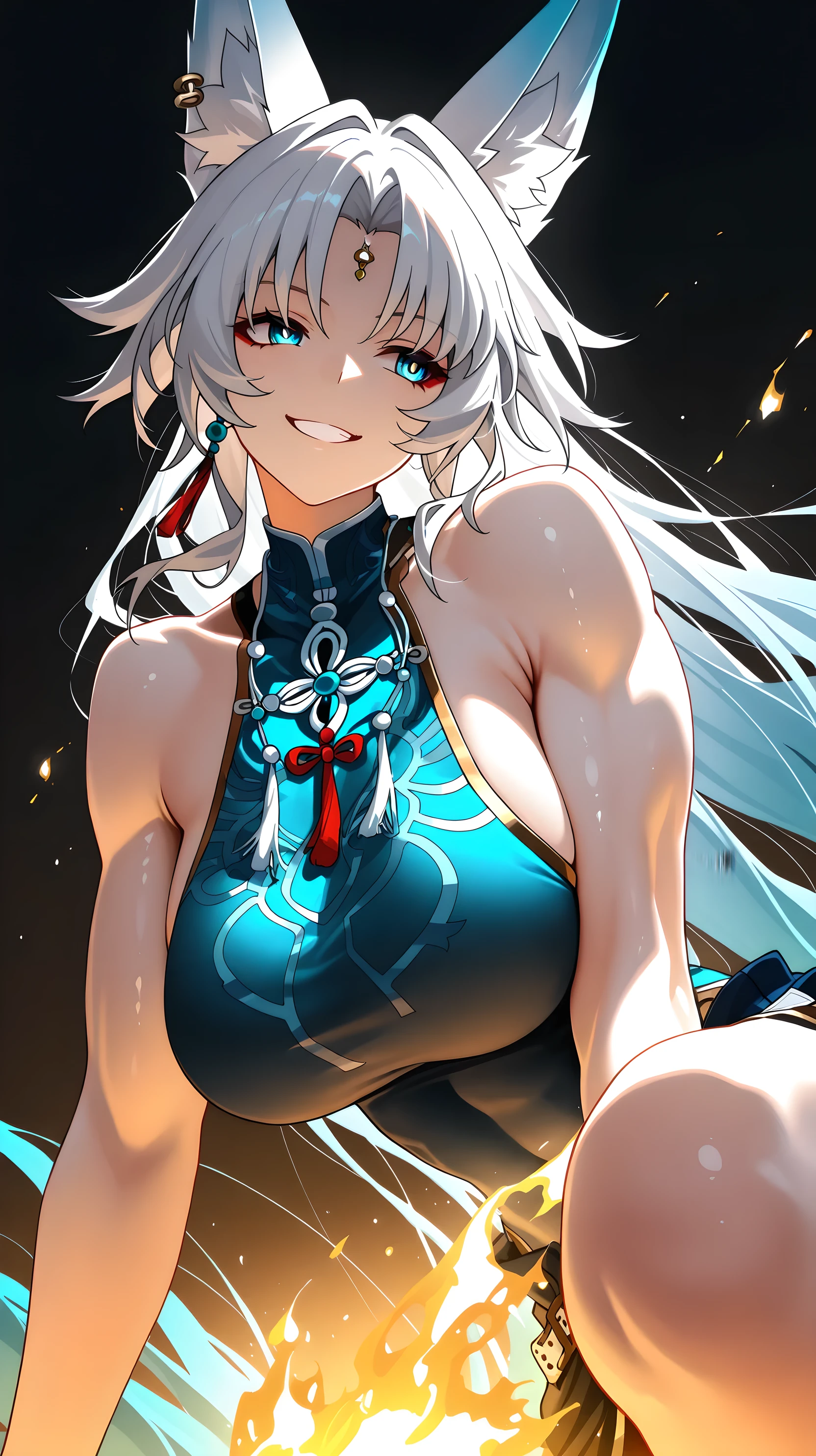 score_9,score_8_up,score_7_up,earrings, leaning to the side, sleeveless, armpits, armpit crease, bare shoulders, red eyeliner, simple background, head tilt, chest jewel, close-up, teeth, chinese clothes, forehead jewel, solo, standing, white background, parted lips, bare arms, highres, smile, chinese commentary, shaded face, 1girl, feixiao (honkai: star rail), looking to the sidebeautiful and detailed skin, detailed face and eyes, perfect body and limbs, perfect hands and fingers, BREAK, Professional artistic technique, watercolor anime, Very accurate drawing, realism, warm and cute atmosphere, mood lighting, natural shadow, BREAK Masterpiece, Ultra High Quality, hyper detailed, Ultra High Resolution, Soft Saturation, Professional Quality, Perfect contrast, sharpnessXCYP Lady Hand, Everyday happinessr: 1girl, solo, beautiful, sensual, fox ears  alternate muscle size female muscles muscular muscular female devious grin