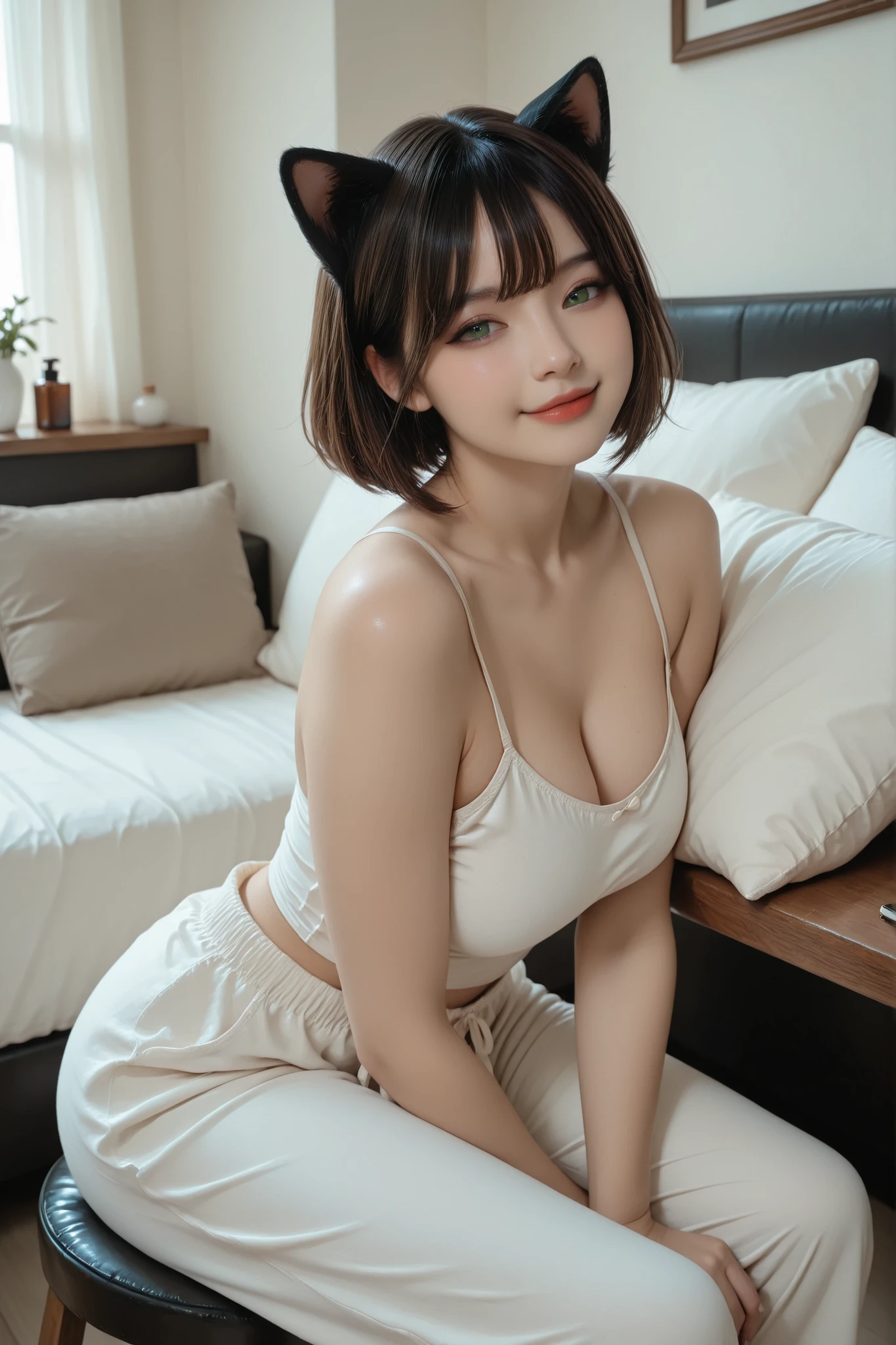 (masterpiece:1.3), (8k:1.3), (best quality:1.3), (ultra-detailed:1.3), very aesthetic, detailed background, high-resolution rendering.
gothic-influenced catgirl, melancholic beauty, cute face, decadent expression, graceful proportions, feminine curves, softly porcelain-like skin, (chestnut-brown bob hair with silky smooth lighter tips), almond-shaped beautiful green eyes, barely there eyebrows, delicate red lips, cat ears matching hair color.
She wears a fine-weight white camisole top, gently skimming her frame with a relaxed yet subtly flattering fit, its soft surface catching the warm light with an effortless sheen.
She pairs it with drapey wide loungewear pants in light gray.
She sits on a cushioned stool, leaning forward onto the closed table in her private room,
one arm folded beneath her head like a pillow as she faces the viewer.
Her half-lidded eyes hold a soft, dreamy calm, a serene, faint smile resting on her lips.
Eye-level, 3/4 side view, intimate medium full shot,
focus on her presence, shallow depth of field, softly blurred background.