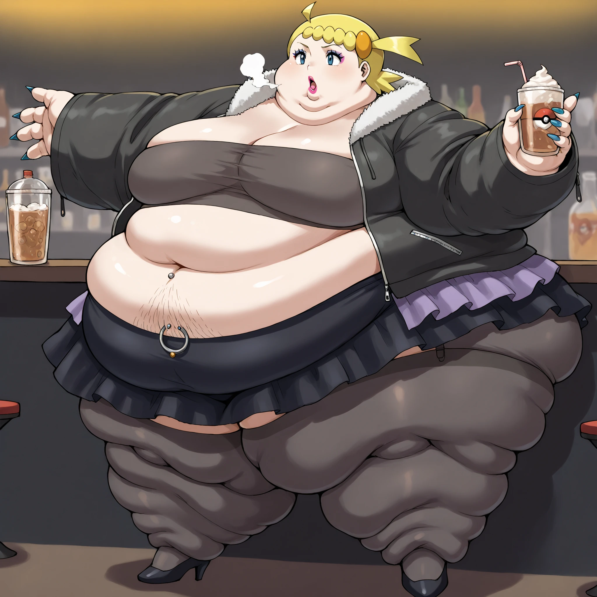 zzBonnie, bonnie_(pokemon), blue eyes, ahoge, blonde hair, hair ornament, short hair, side ponytail, furr jacket, tube top, midriff, belly button piercing, skirt, stockings, high heels, long nails, makeup, lipstick, fat, chubby, obese, fat neck, multiple chins, big breasts open mouth, out of breath, Larger female, full body shot, only head, large head, oversized limbs, large hands, large feet, oversized feet, oversized fingers, big lips, plump lips, fat face, fupa, big fupa, fat fupa, hunchback, pubic hair, hairy, at a bar, drinking 