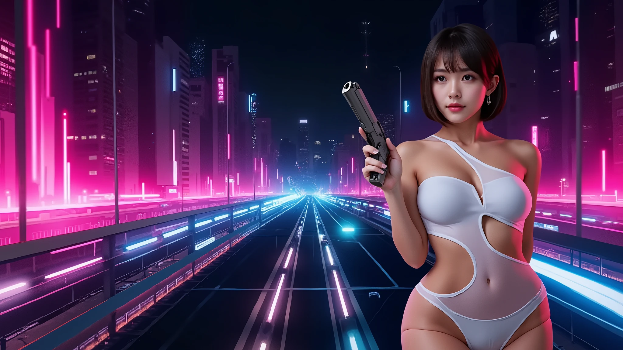 ((photo-realistic)), a sexy large-breast:1.1 Japanese woman, facing camera, cleavage, (((side boob))), hip up, slim face, slim:0.1 body, well-lit face, (((sexy-thigh:1.1, super hot short:0.1 lace transparent dress))), (((aiming with a short:0.1 pistol, balcony))), well-lit:1.2, digital art, concept art, dramatic lighting, neon lights, cinematic composition.