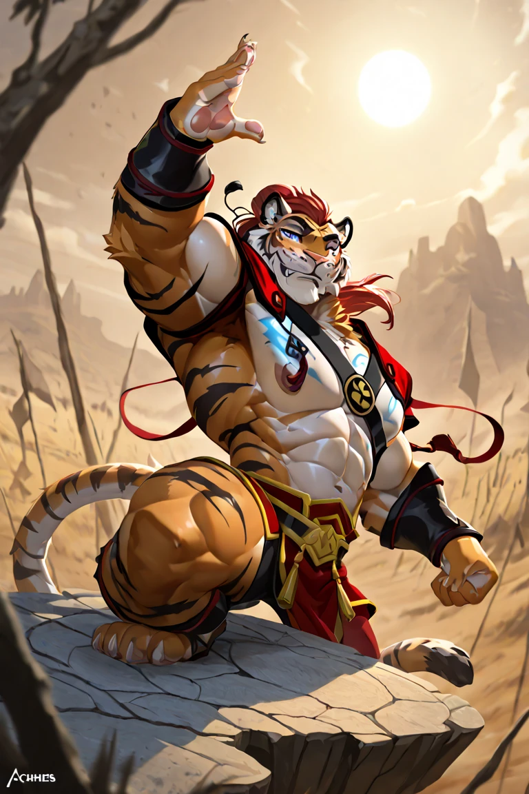 masterpiece, best quality, 8k resolution, Very detailed, hairy，tiger，((red hair))，muscle，Strong，超大muscle，((Sweating))，(((Purple Eyes)))，For the audience，(((Ancient times)))，portrait，((()))，(Highest quality scene)，(((crotch cloth)))，(((grassland)))，(((Vigilant)))，(((Hip bulge)))，(((Ultra clear eyes))，(((long fangs)))，((Solitary))，((whole body))，(((Sunlight)))，(((fighting stance)))，((Mature))，(((Uncle)))，(((Orange fur)))