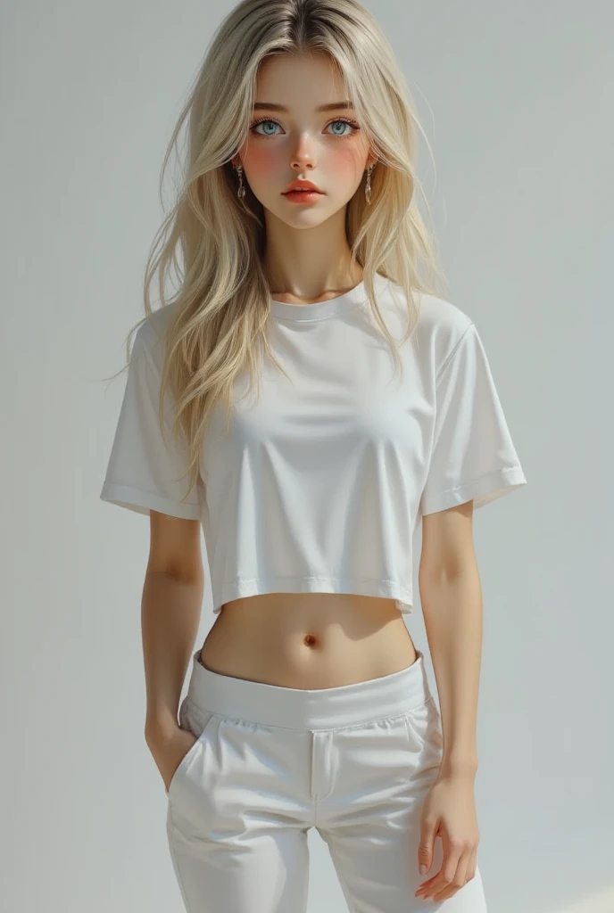 (SFW:1.5), 1 Female, Age 20, Baggy T-shirt（White）((Short sleeve))、The T-shirt goes up to the thighs、(( face)), In the heat, (Perfect ), Mastepiece, Ultra High Quality, It is high resolution., 8k, It's photorealistic, background: The finest suite in a luxury resort hotel