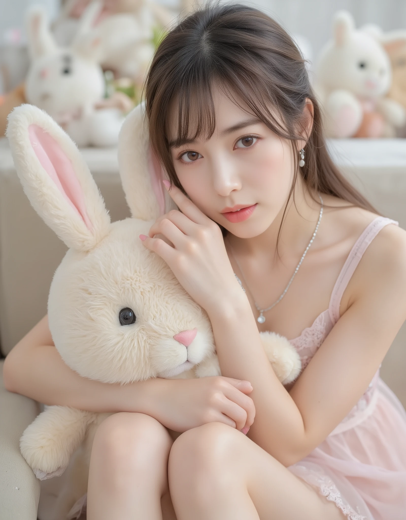 (Highest Quality:1.5), (Masterpiece:1.5), Highly detailed, High resolution, (Perfect detail), (Realistic), (Cute Japanese woman), (24 years old), Beautiful woman, Cute smile, Necklace, Earrings, Half-up hair, (Slightly small breasts), Thin lips, Detailed face, Beautiful and elegant face, Cute face, Natural bangs, Arched eyebrows, Trimmed eyebrows, Cute eyes, Beautiful eyes, Beautiful thin nose, (Beautiful skin), Fair skin, Fair skin, (Natural bangs), (Round and cute face:1.2), Beautiful cleavage, (See-through lace dress with pink), (Wearing a dress with a miniskirt), ((Slender body)), Beautiful model-like figure, (Cute smile), (Cute pose), ((Morning)), Living room, ((pink lace sheer panties)), Leaning on a large stuffed rabbit, Room with lots of stuffed rabbit, Room full of stuffed rabbit,