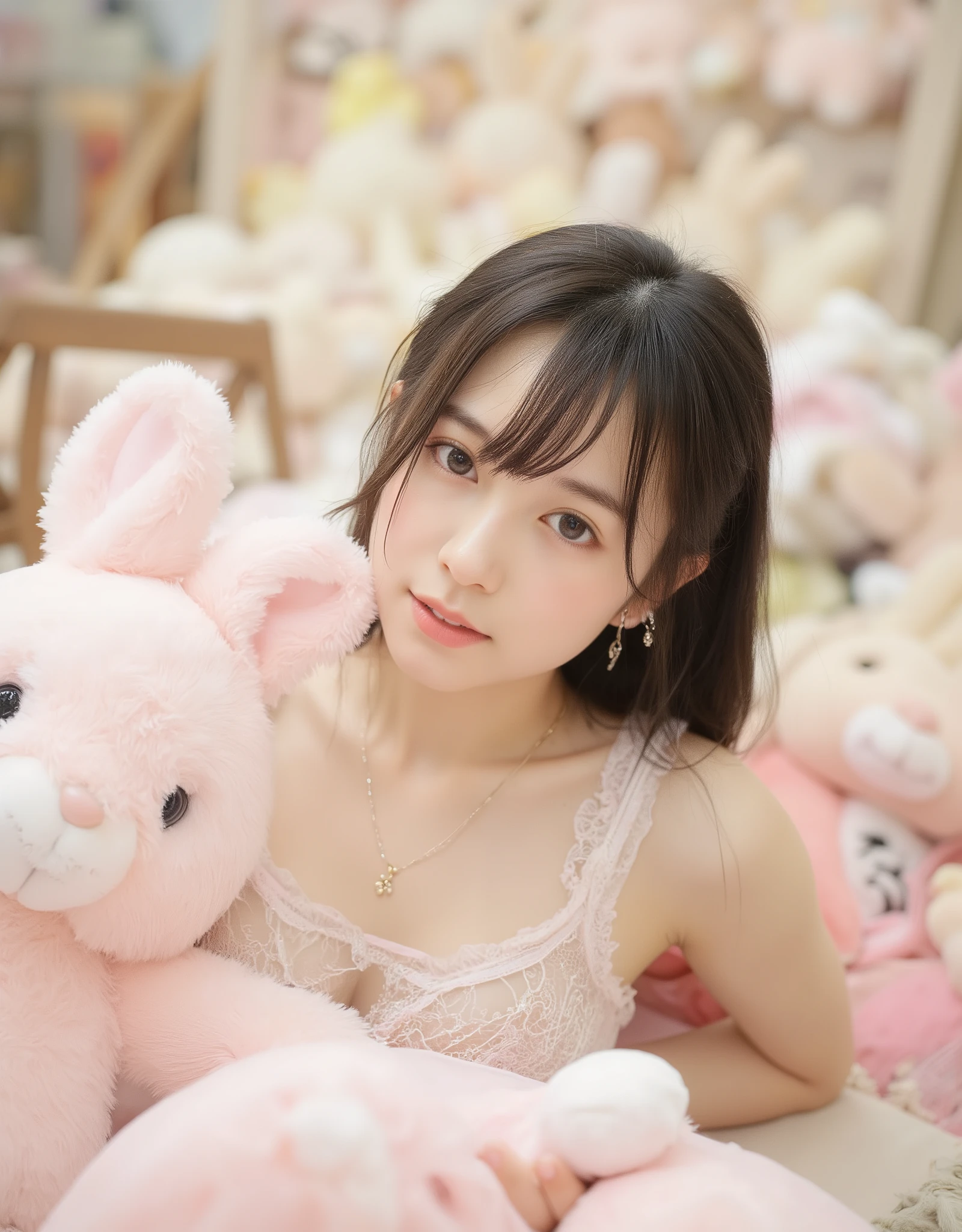 (Highest Quality:1.5), (Masterpiece:1.5), Highly detailed, High resolution, (Perfect detail), (Realistic), (Cute Japanese woman), (24 years old), Beautiful woman, Cute smile, Necklace, Earrings, Half-up hair, (Slightly small breasts), Thin lips, Detailed face, Beautiful and elegant face, Cute face, Natural bangs, Arched eyebrows, Trimmed eyebrows, Cute eyes, Beautiful eyes, Beautiful thin nose, (Beautiful skin), Fair skin, Fair skin, (Natural bangs), (Round and cute face:1.2), Beautiful cleavage, (See-through lace dress with pink), (Wearing a dress with a miniskirt), ((Slender body)), Beautiful model-like figure, (Cute smile), (Cute pose), ((Morning)), Living room, ((pink lace sheer panties)), Leaning on a large stuffed rabbit, Room with lots of stuffed rabbit, Room full of stuffed rabbit,