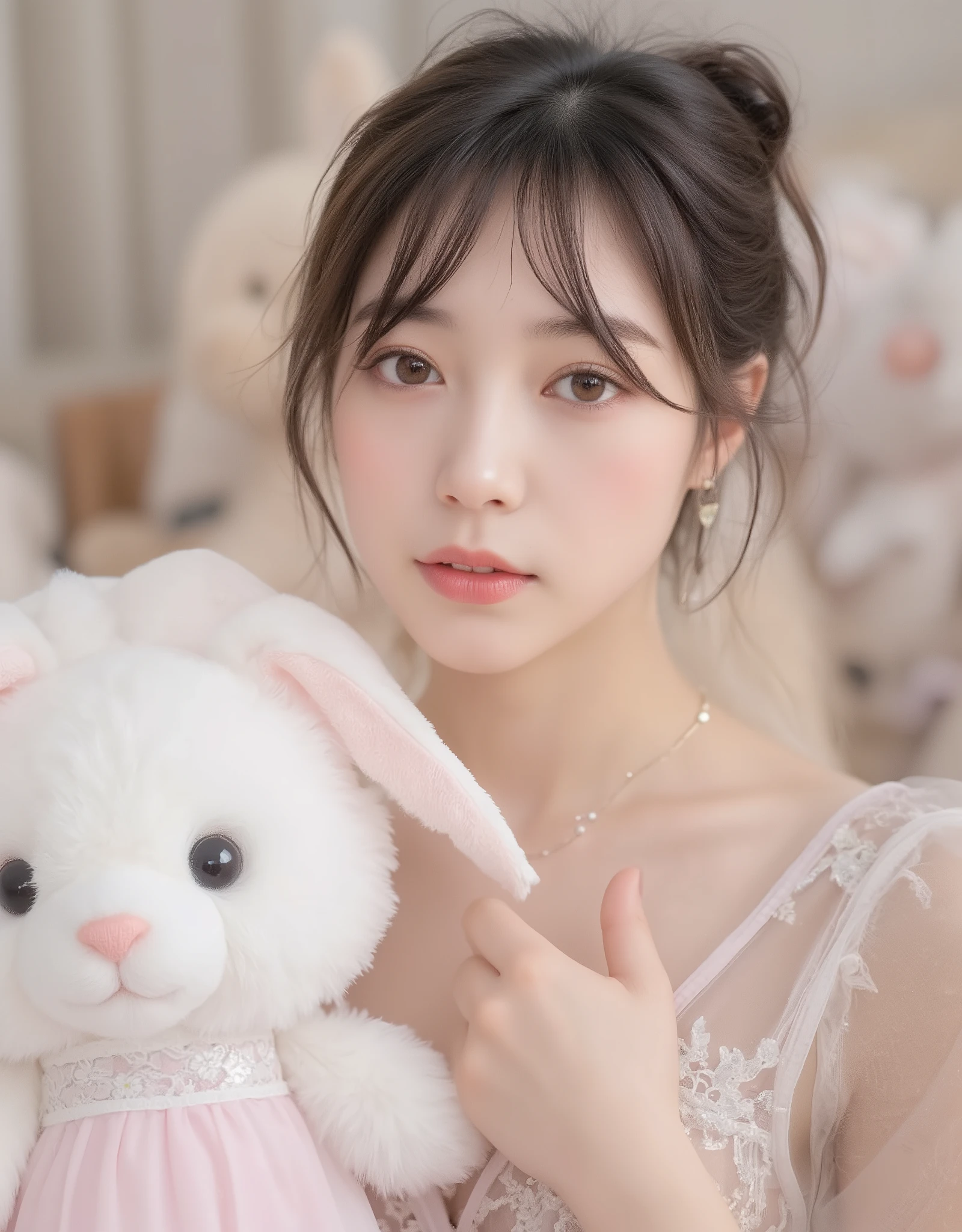 (Highest Quality:1.5), (Masterpiece:1.5), Highly detailed, High resolution, (Perfect detail), (Realistic), (Cute Japanese woman), (24 years old), Beautiful woman, Cute smile, Necklace, Earrings, Half-up hair, (Slightly small breasts), Thin lips, Detailed face, Beautiful and elegant face, Cute face, Natural bangs, Arched eyebrows, Trimmed eyebrows, Cute eyes, Beautiful eyes, Beautiful thin nose, (Beautiful skin), Fair skin, Fair skin, (Natural bangs), (Round and cute face:1.2), Beautiful cleavage, (See-through lace dress with pink), (Wearing a dress with a miniskirt), ((Slender body)), Beautiful model-like figure, (Cute smile), (Cute pose), ((Morning)), Living room, ((pink lace sheer panties)), Leaning on a large stuffed rabbit, Room with lots of stuffed rabbit, Room full of stuffed rabbit,