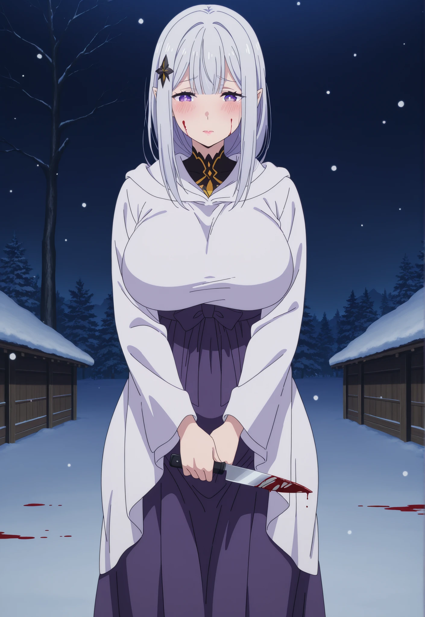 newest , masterpiece , anime screencap , anime coloring , adult ReZero, Solo, long dress, Satella, Anime, 1girl, Mature Female, pointy ears, hair ornament, blush, silver hair, long hair, lips, purple eyes, big breasts, view detailed body, Curvy, old Japanese townscape, winter, covered in snow, standing, looking down, knife, blood on face, sad,