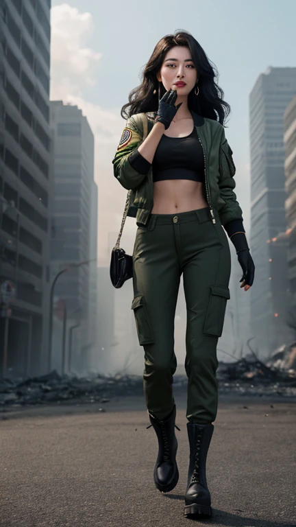 "A tall giant with a cool, relaxed hippie look in a crop top and baggy pants.. Her toned physique suggests her great strength.. She appears to be taking a leisurely stroll through the bustling streets of GTS City., Towering buildings overhead. Smoke and clouds swirling around her, Enhance the grand scale and drama. 照明がdark, dark, Realistic, Create a tense and ominous atmosphere. Perspective from the bottom, Emphasizing the majesty and power of giants."