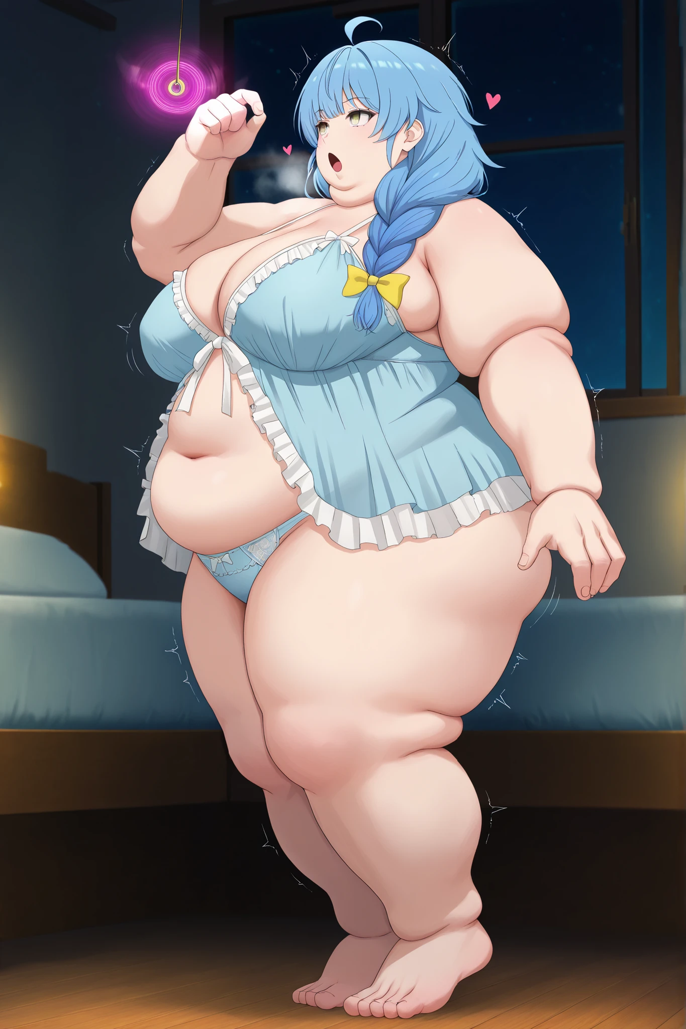(masterpiece, ultra high definition, 16k, intricate), sharp focus, crisp details,
1girl, solo,
curvy, breasts, wide hips, female_orgasm, heart_shapes, twitching,
aparida rain, long hair, bangs, green eyes, blue hair, yellow eyes, braid, ahoge, hair bow, grey eyes, single braid, yellow bow, braided ponytail, mature female,
((Hypnosis, mind_control)),
pink_eyes, empty_eyes, glowing_eyes, ((expresionless)),
large breasts, fat, chubby, obese, fat neck, multiple chins, big breasts open mouth, out of breath, Larger female, full body shot, only head, large head, oversized limbs, large hands, large feet, oversized feet, oversized fingers, big lips, plump lips, fat face, fupa, big fupa, fat fupa, hunchback,,
sexy babydoll lingerie, panties,
cowboy shot, ((from the side)),
Bedroom, night,(indoors), blur background, low lighting, high contrast,