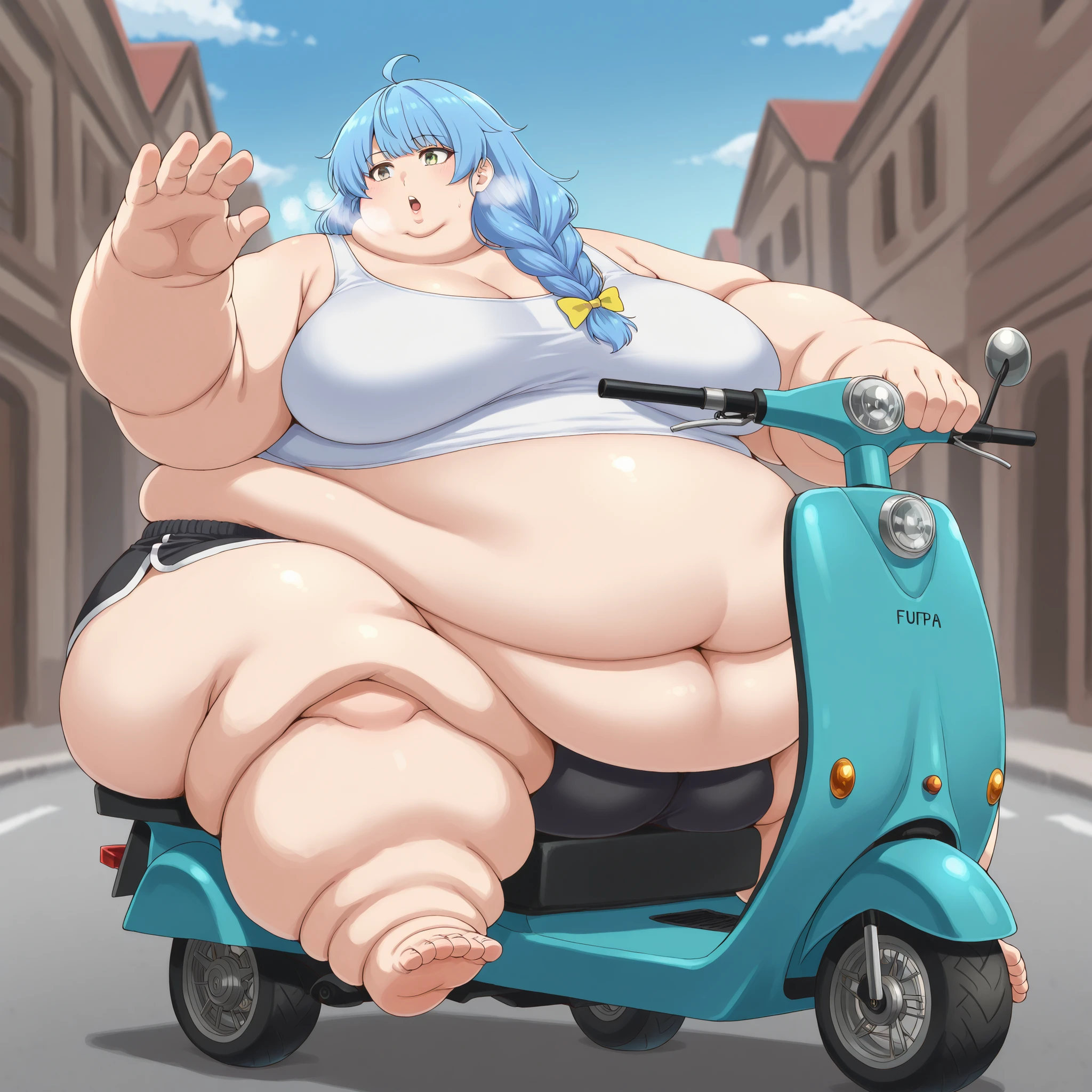 aparida rain, long hair, bangs, green eyes, blue hair, yellow eyes, braid, ahoge, hair bow, grey eyes, single braid, yellow bow, braided ponytail, mature female, tank top, midriff, dolphin shorts, sitting on mobility scooter, using mobility scooter, fat, chubby, obese, fat neck, multiple chins, big breasts open mouth, out of breath, Larger female, full body shot, only head, large head, oversized limbs, large hands, large feet, oversized feet, oversized fingers, big lips, plump lips, fat face, fupa, big fupa, fat fupa, outside
