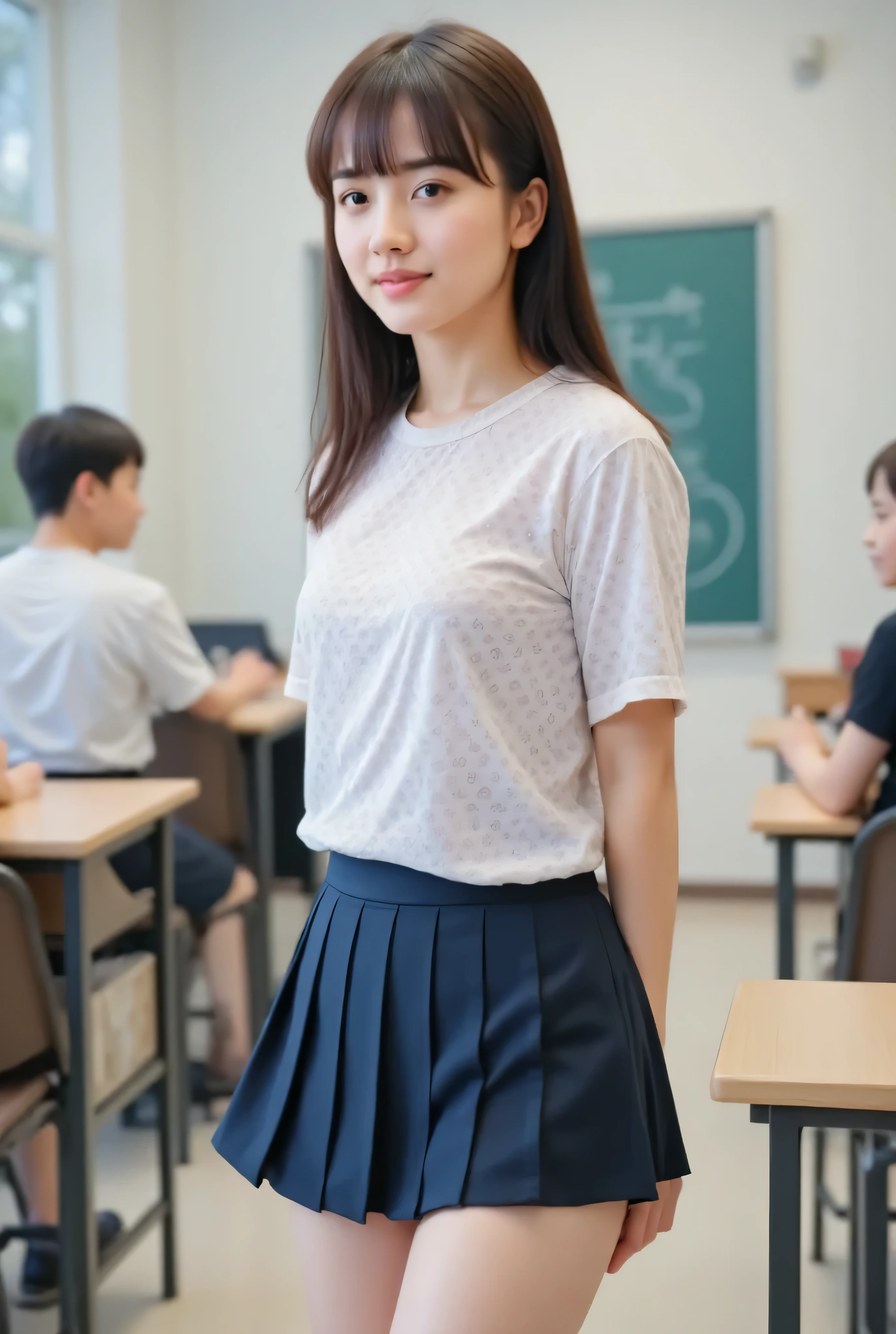 Skirt Flip,white highlegs panties,one日本の女子高生のrealな写真, classroom, , The background is blurry、dark blue pleated skirt、, front view, staring at viewers、perfect anatomy, reality, smile, real、realistic、perfect photo、