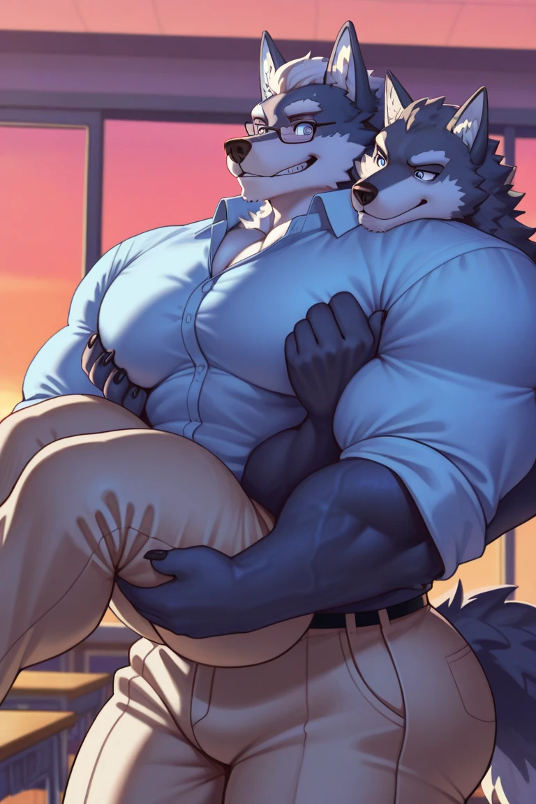 wide shot, duo_focus, an anthro macro wolf male and an anthro macro wolf male ride big  , embarrassed face,  city ,lying and lean against the building, in only their boxers, (soft shading), 4k, hi res, five fingers, detailed hands, ((detailed face, (detailed eyes:1.0), detailed)), (full body),(by Kenket), by Ross Tran, by Michael & Inessa Garmash, by Pino Daeni, by Kiguri, by Alena Aenami, by Ruan Jia, (wolf, taller, grey fur, middle-aged,  tuft, jock strap, wolf tail), (wolf, shorter, slim body, yellow messy hair, black glasses, nerdy, ) macro growth size difference , macro,micro ,giant size ,macro   hard everywhere,red blush on the cheek,  everywhere on body ,  on buildings, full body, feet , tiny cars ,tiny people 