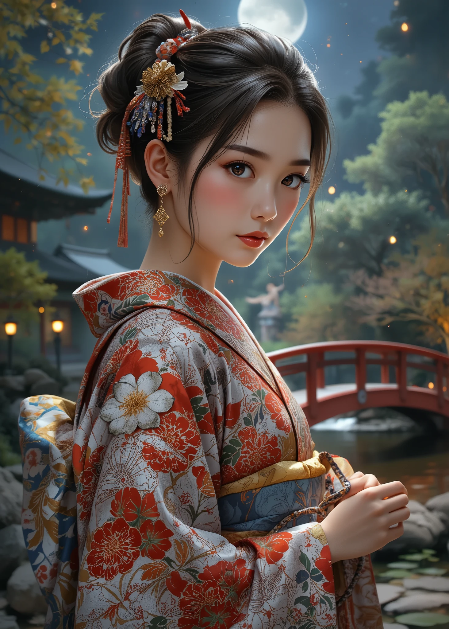 cuteloli,((最high quality、masterpiece、high sensitivity、High Fine、detailed explanation、Fine Drawing、Fvalue:4.0)),(( Kimono、Kimono美人、Japanese woman、16 years old、cowboy shot)),(up hair、Hairpin、Beautiful girl wearing Japanese furunose Kimono)、Advanced Digital Art、Japanese garden on a moonlit night、Vermilion Wooden Bridge Over Pond、torchlight、Clear and Clear Photos、high quality、32K