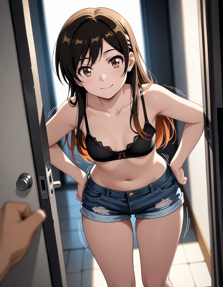 ((best quality)), ((masterpiece)), (detailed), perfect face, brown skin anime girl in a deep V backless cami top, (jeans trousers), famished in hunger, (gently resting hands on stomach), (long hair), (hands on her stomach)
