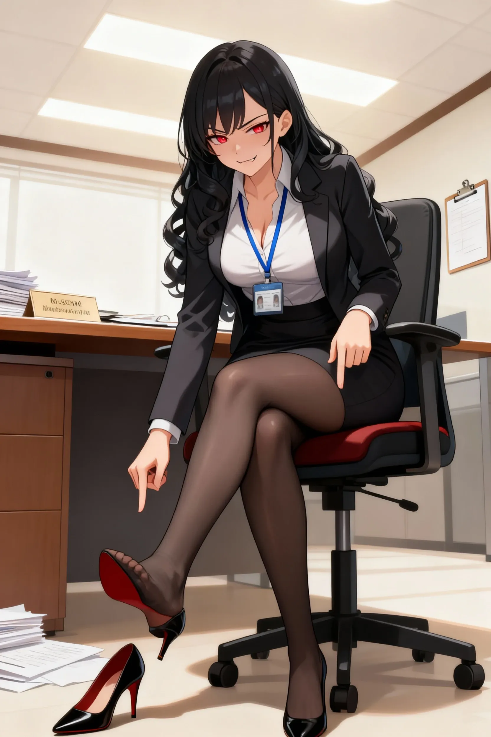 best quality, masterpiece,d4t3_styl3, 1girl, solo, office lady, swept bangs, crossed arms, black hair, sitting, thighhighs, crossed legs, smirk, dutch angle, chair, from below, greyscale, monochrome