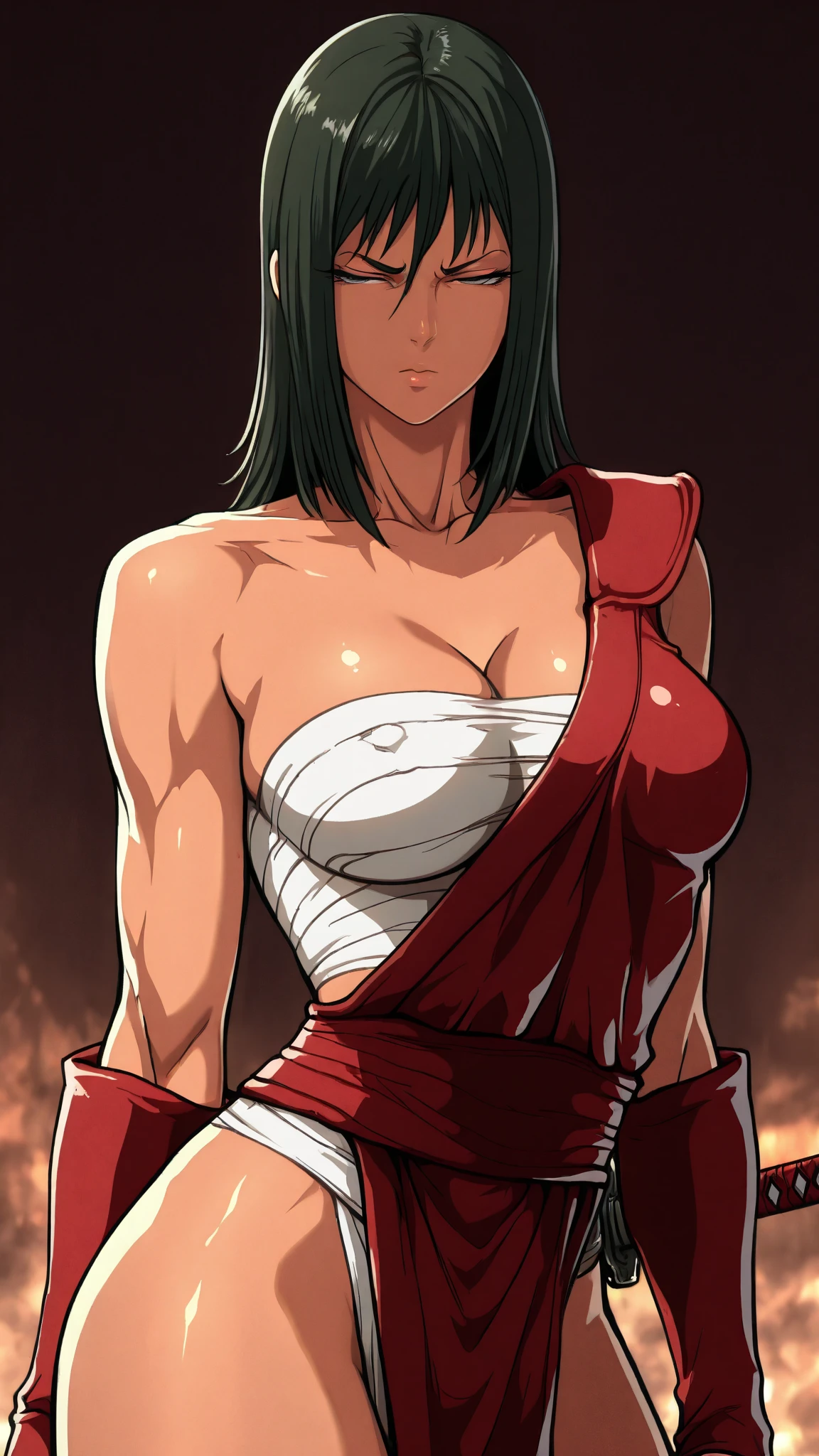 mature woman, tomboy, hot face, berserk smile, excited expression, excited face, (berserk eyes), hazel eyes, (long hair, messy hair, dark brunette hair), (tall, fit body, strong body, mature body), large breast, loincloth, barbaric clothing, bedroom, showing off body, revealing pose, fondling breast