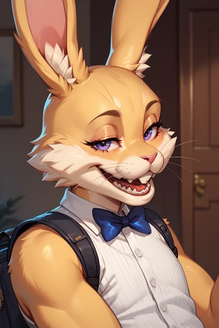 best quality,
masterpiece,
3D anime,
(((solo))),
(((1girl))),
((Face is JudyHopps)),
(long ears like a rabbit:0.8),
Heir is in a black ponytail style,
Body is human lady,
She is a new employee,
Hers outfit is business suit,
She is wearing a black jacket over a white blouse,
She is wearing a black skirt,
(the suit is made of wool:1.4),
((skin is silver with fluffy and fluffy)),
(portrait view),
In the background there is a green leaves,
((Her expression shows a fresh fresh smile)),
((Posture while serving customers))