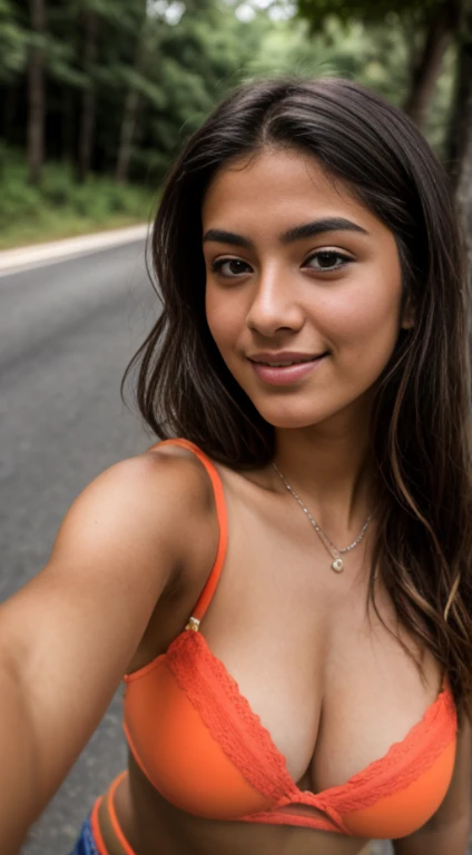 RAW photo in sequence, uma fotografia de uma garota perfeita, 24 anos, latina, ((selfie da parte superior do corpo, sorriso cativante)), perfectly defined soft features, paisagem de fundo detalhada pouco desfocada, luzes naturais, HDR, Realistic photography, fotografia profissional, flertando com o espectador, visual atraente, fotorrealista, Linda, public tone skin, 8k UHD, alta qualidade, filmic grain, Fujifilm XT3.

