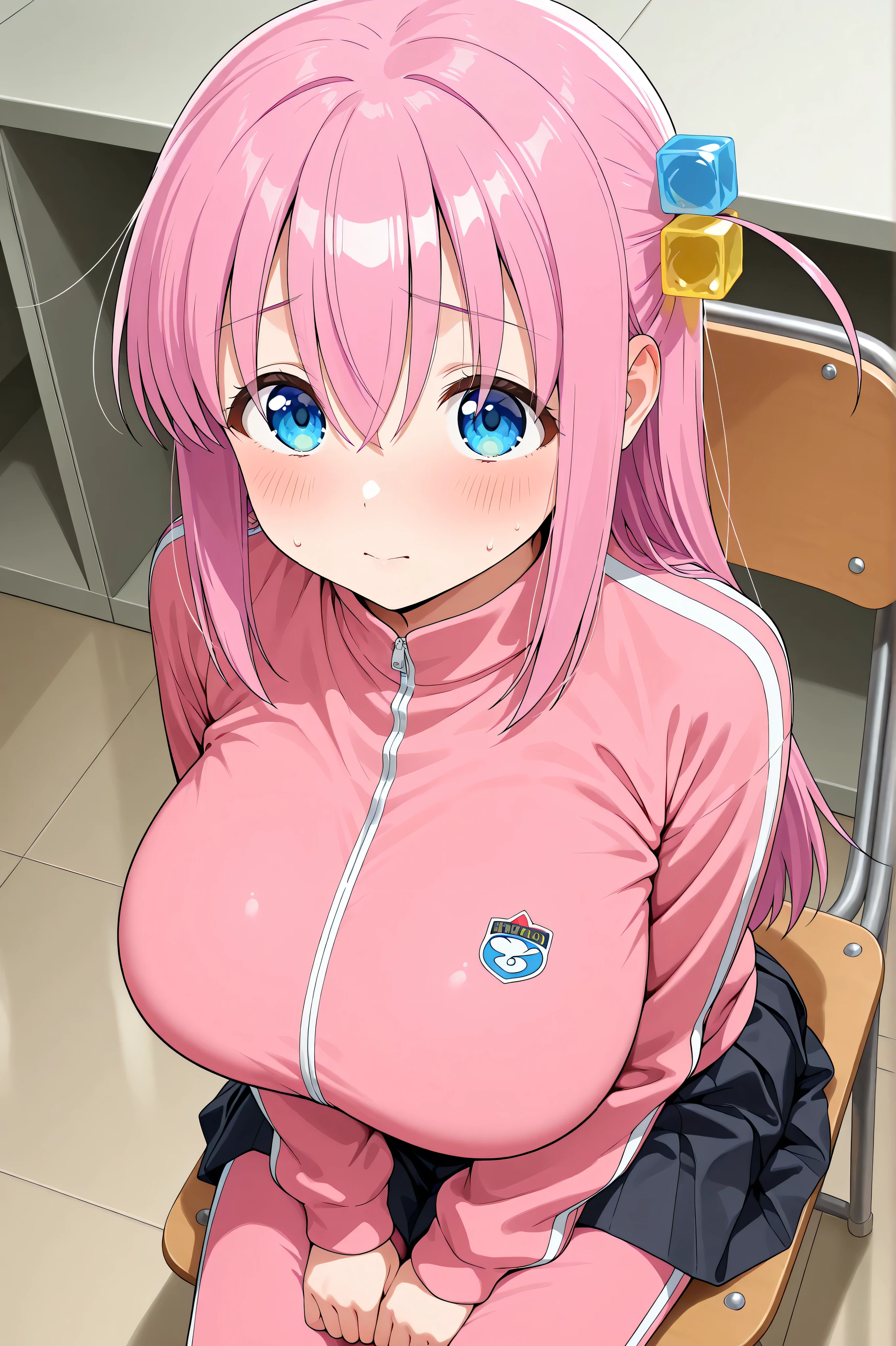 hitori gotou, blue eyes, cube hair ornament, hair between eyes, hair ornament, pink hair, one side up, long hair,,black skirt, jacket, long sleeves, pants, pants under skirt, pink jacket, pink pants, pleated skirt, skirt, track jacket, track pants, track suit,,(1 girl),sittiong chair,blush,class room,huge breasts,focus breasts,zoom face,from above,masterpiece,Highest Quality,Very Detailed,Ultra High Definition,8k,4k,simple back ground,beautiful eyes,catchlight,