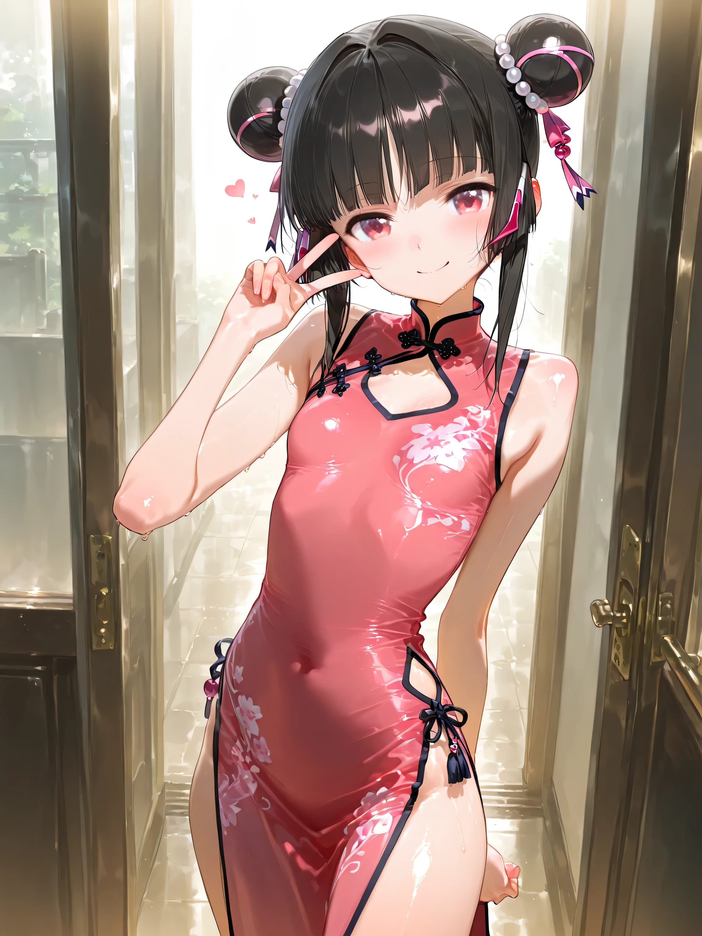 (( 1girl)),Tsukuyomi Shirabe,small breast,loli,Shining Contours 、official art、,viewer, masterpiece, very aesthetic、 ,,masterpiece,best quality,absurdres,highres,amazing quality、ultra detaild、8k、高画質、高品質,Glossy,score_9, score_8_up 、shiny skin,shiny、、standing,v sign,smile,chinese dress